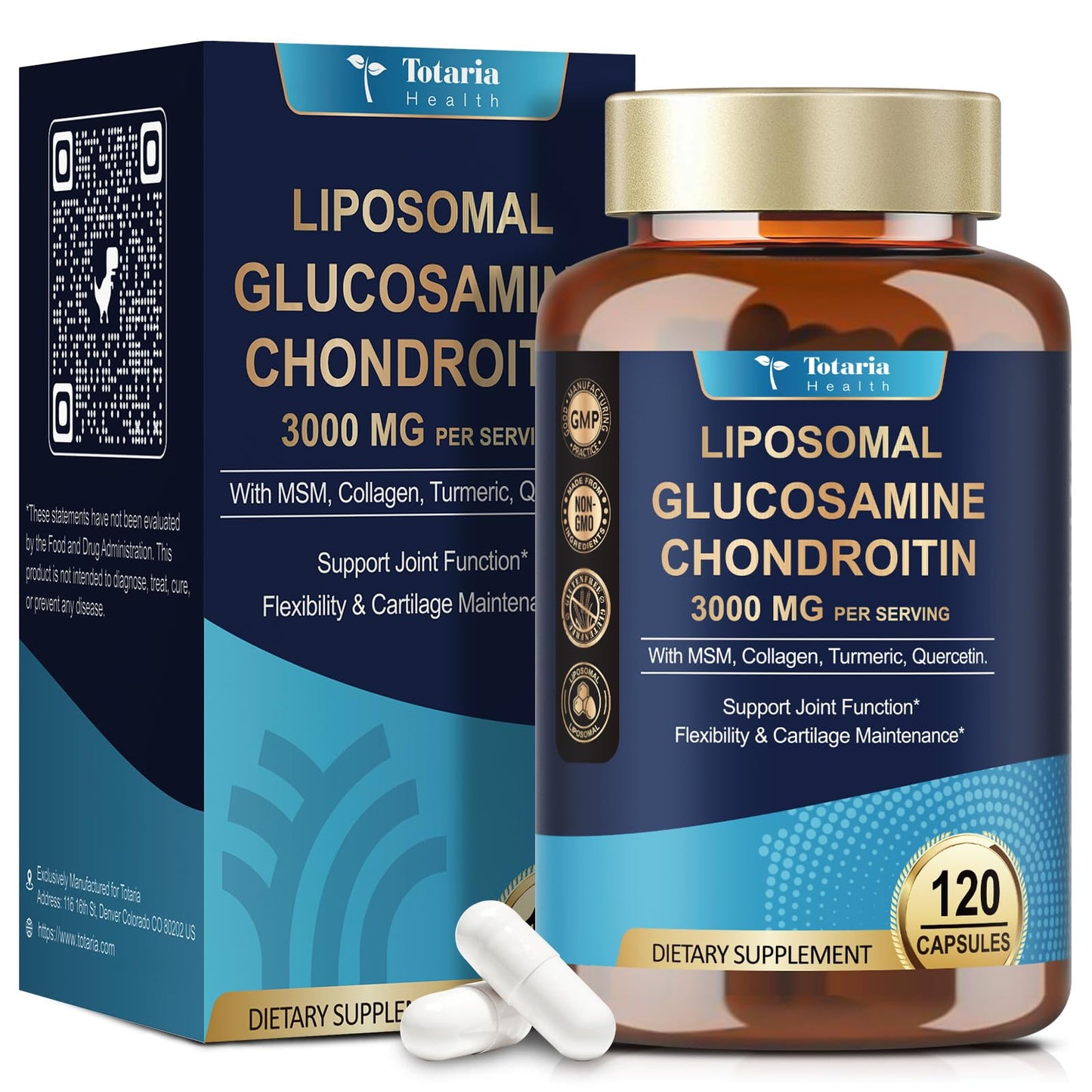 Totaria Liposomal Glucosamine Chondroitin MSM Collagen Joint Support Supplement, 120 Capsules