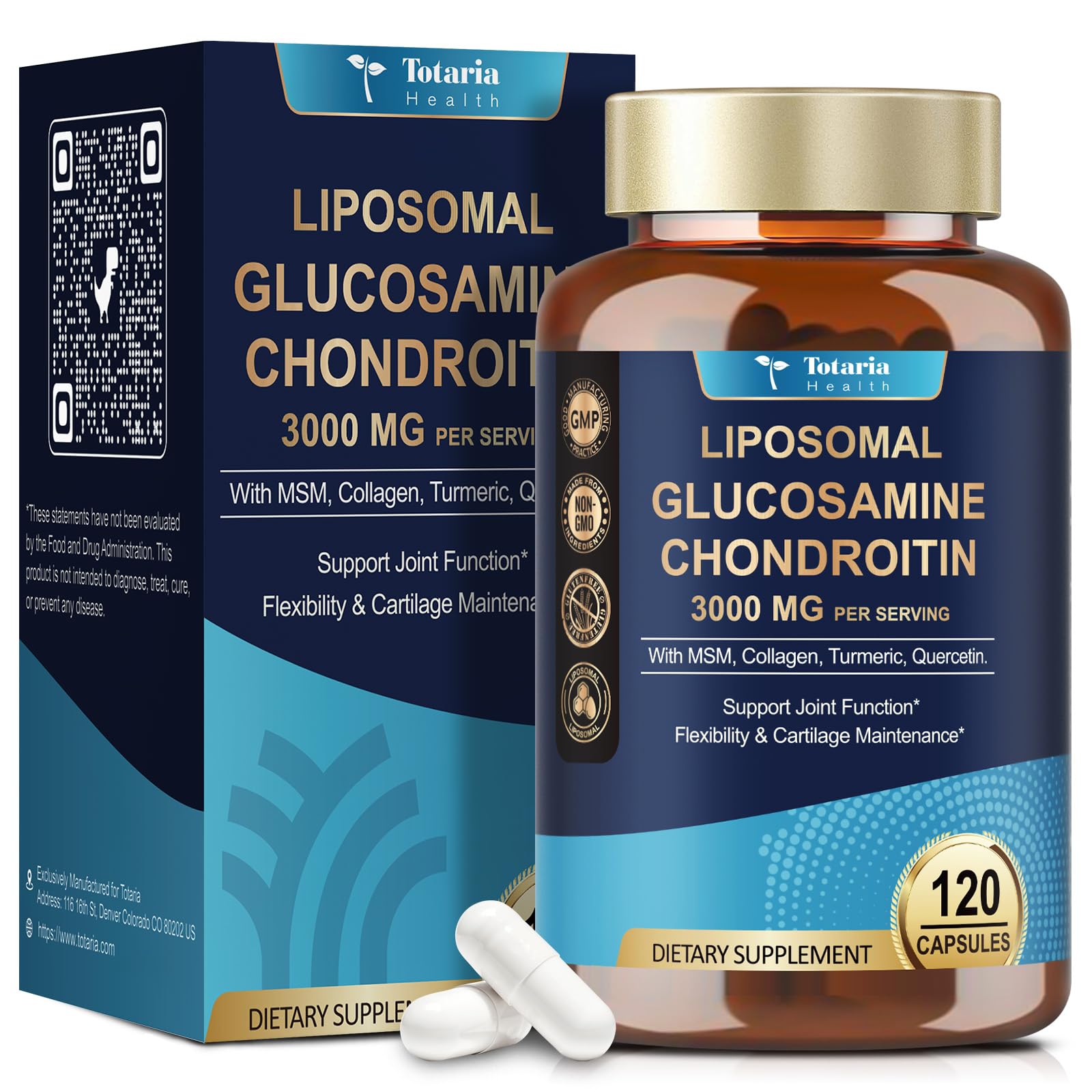Totaria Liposomal Glucosamine Chondroitin MSM Collagen Joint Support Supplement, 120 Capsules