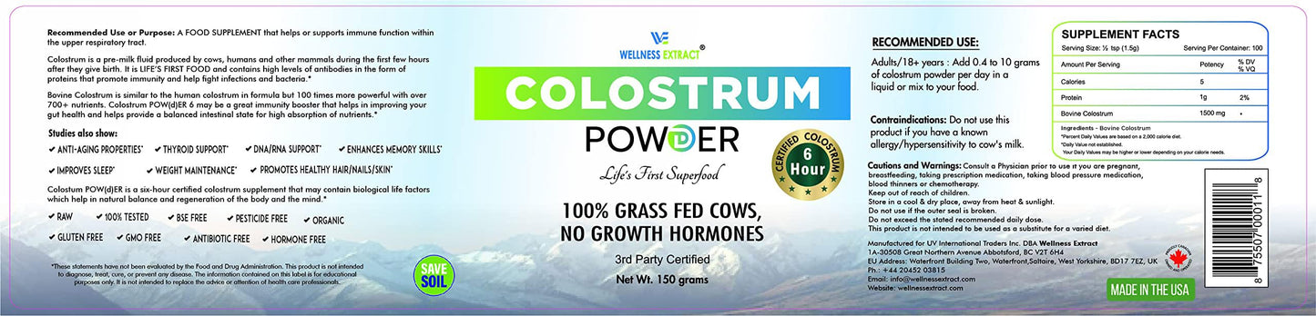 WELLNESS EXTRACT Bovine Colostrum Powder with Lactoferrin, 5.3oz, 1 Pack