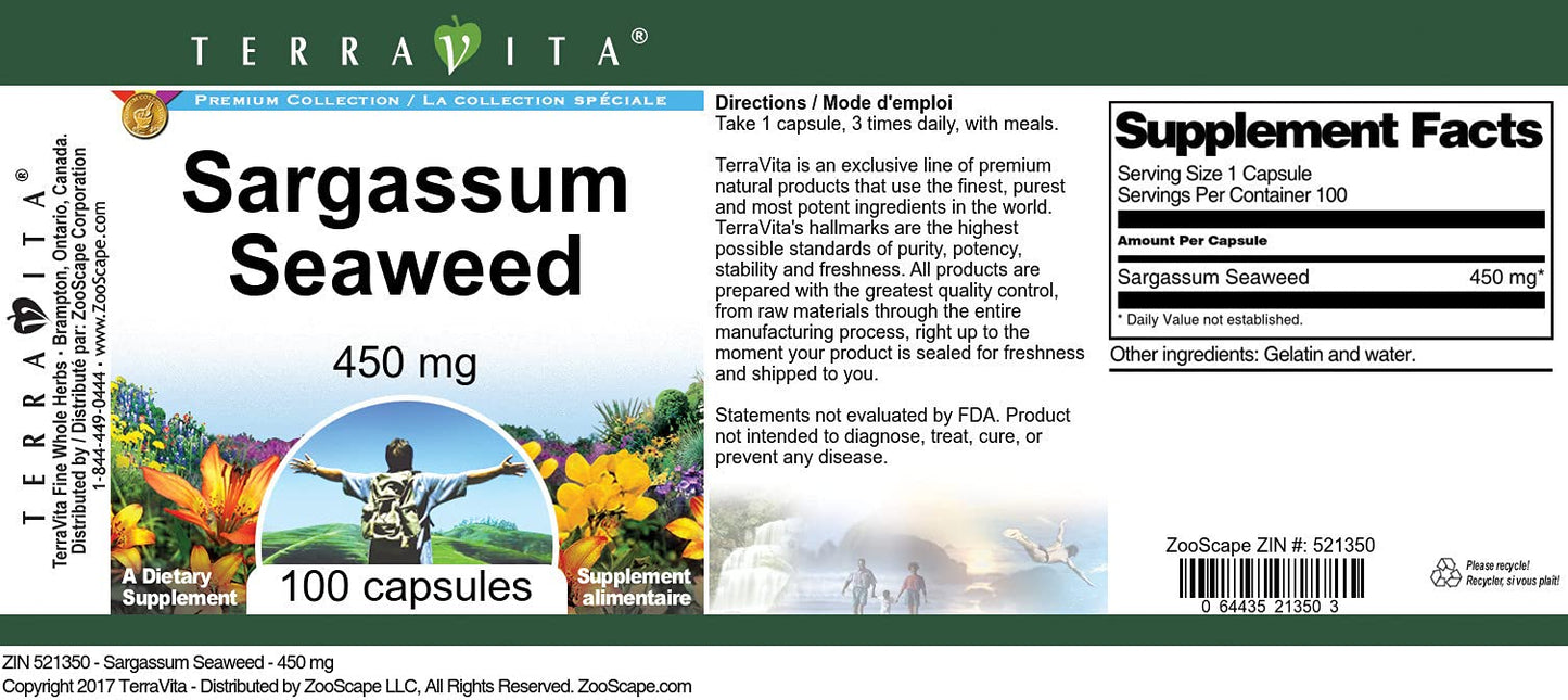 Terravita Sargassum Seaweed 450 mg Capsules, 100 Count