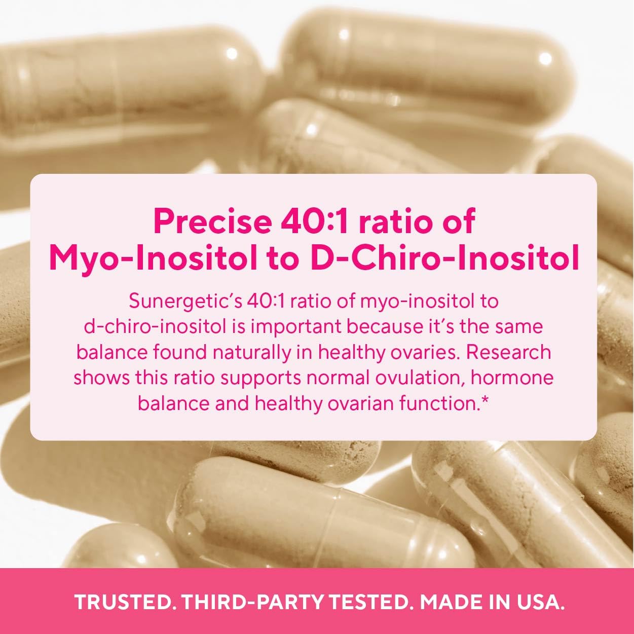 Sunergetic Ovarian Health Support Supplement – Myo-Inositol & D-Chiro Inositol for Women, 40:1 Inositol Ratio with Folate & DIM, 90 Capsules