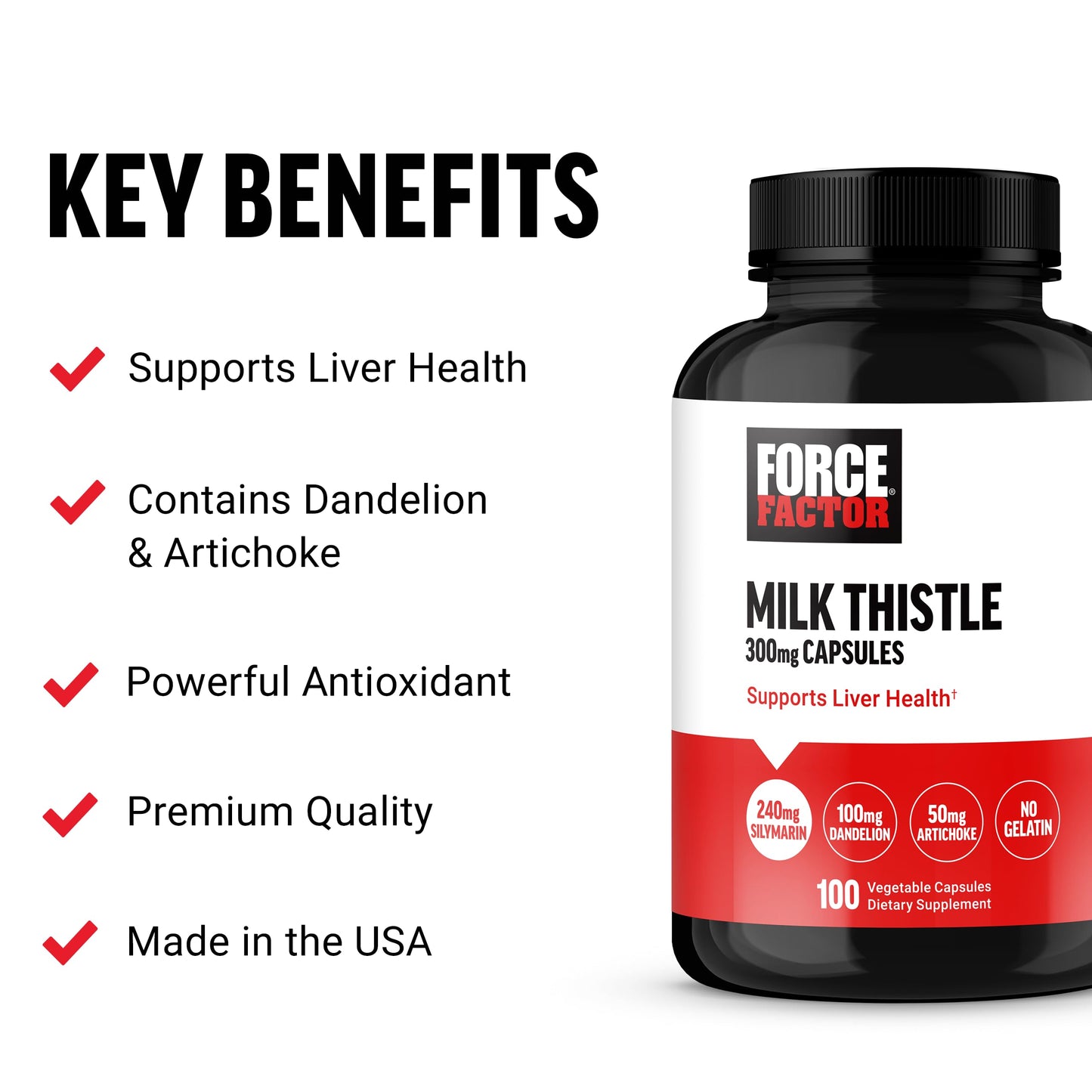 Force Factor Milk Thistle Liver Support Formula with Dandelion Root and Artichoke, 300mg Silymarin Milk Thistle Supplement for Liver Health and Liver Detox, Capsule, 100 Capsules