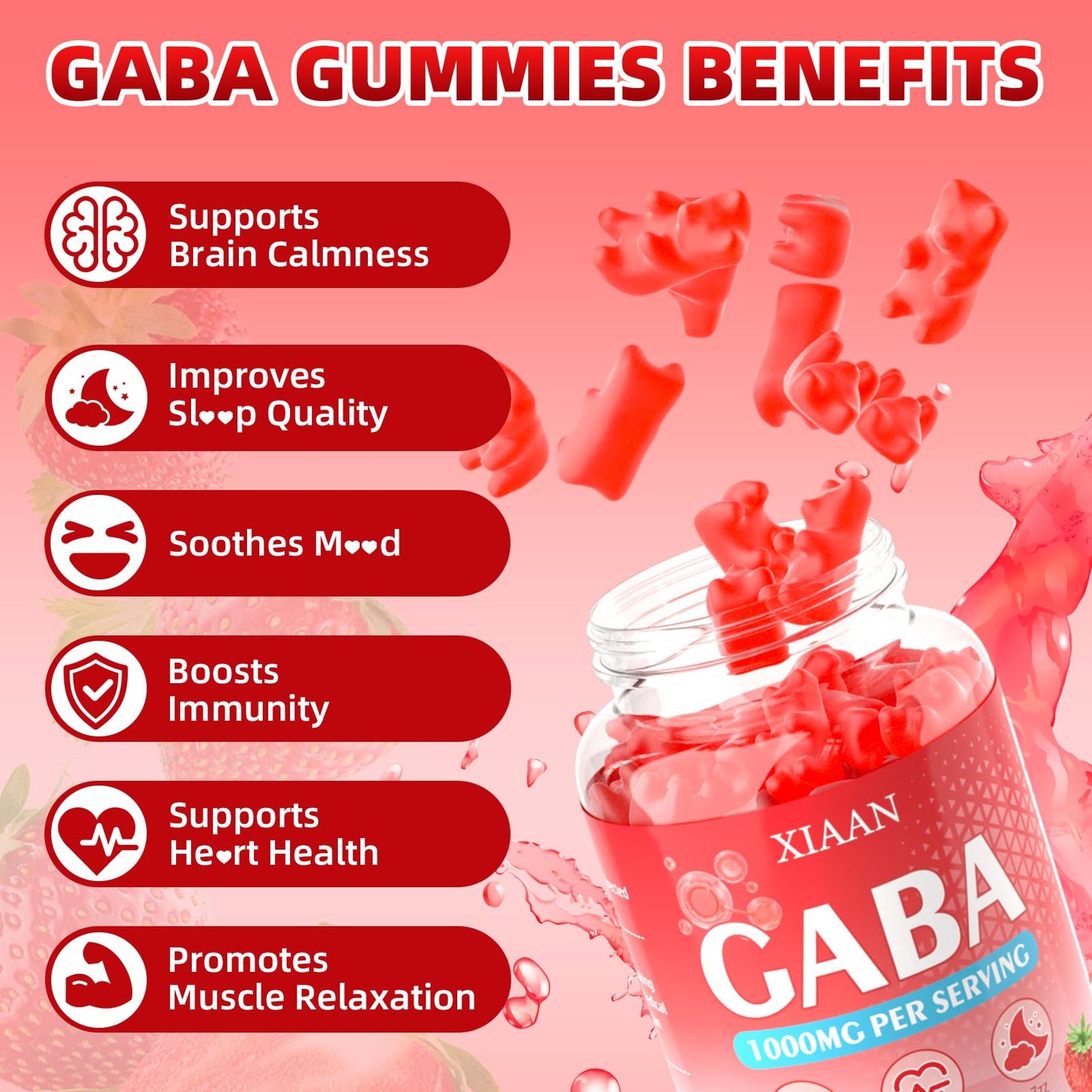 XIAAN GABA Gummies 1000mg for Kids & Adults, Chewable GABA Supplements with L-Theanine, 5-HTP, Ashwagandha, B6, B12, D3 for Calm & Sleep, 120 Count