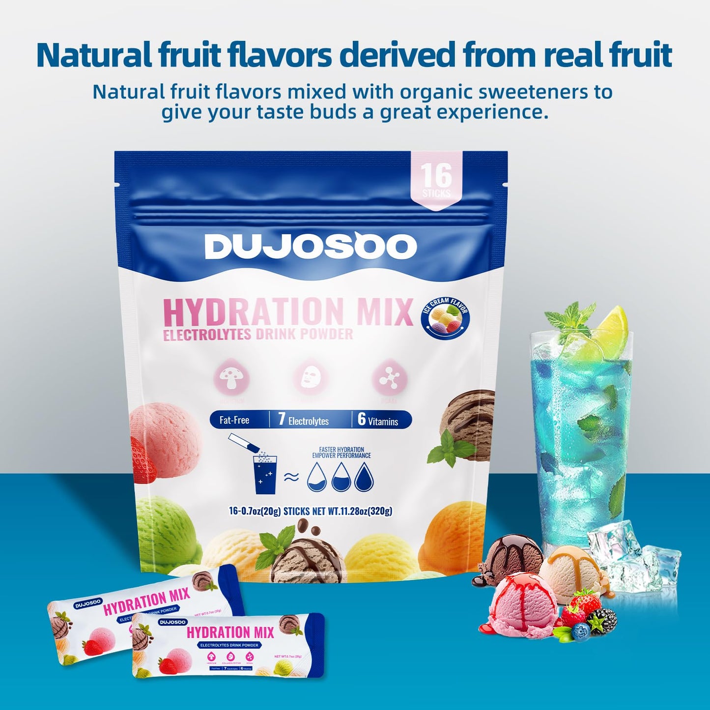 Dujosoo Electrolyte Powder Sugar Free Ice Cream Flavor, 7 Electrolytes & 6 Vitamins, with Lion's Mane, Collagen, BCAA, Keto Friendly, Vegan, Non-GMO, 11.36 Ounce