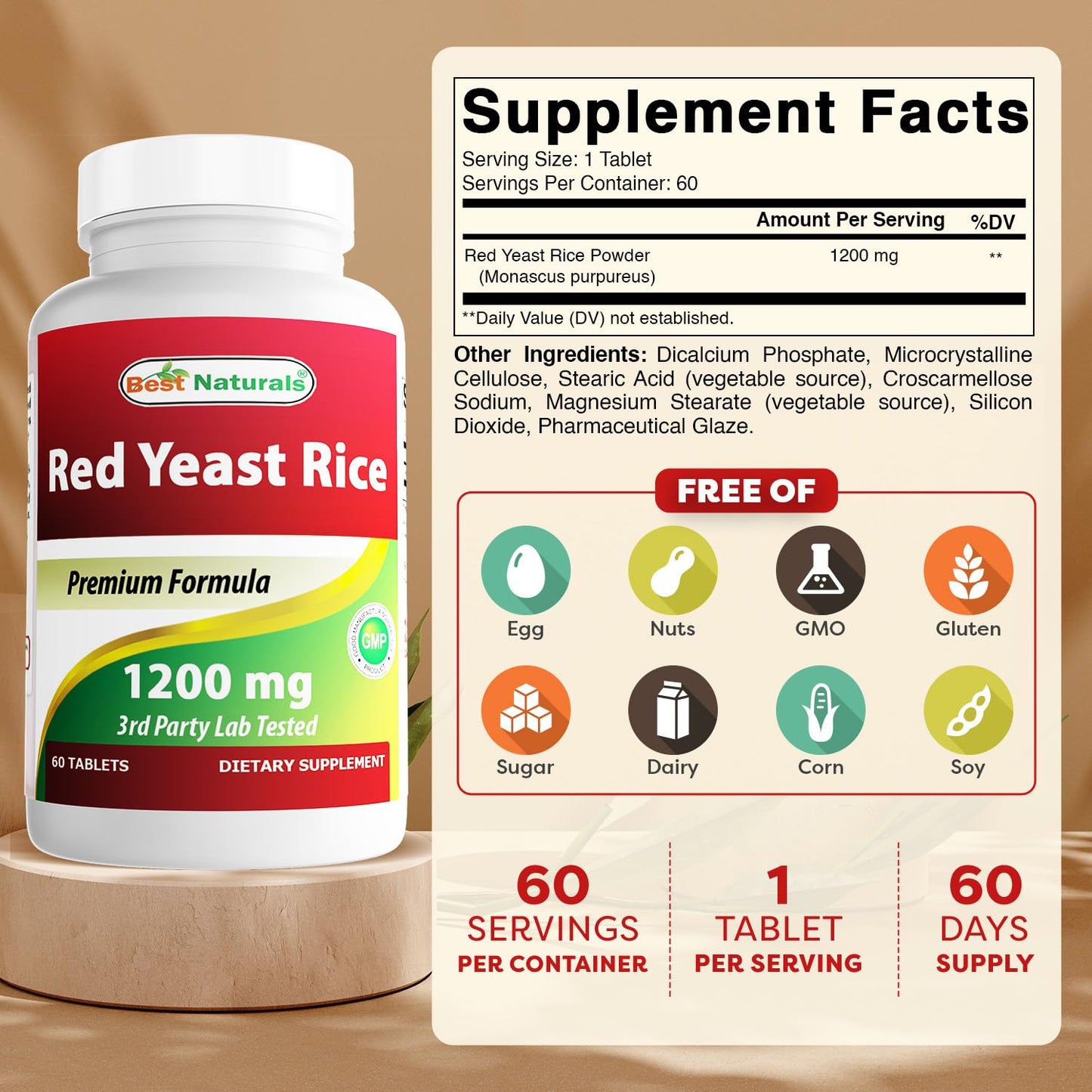 Best Naturals Red Yeast Rice 1200 mg Tablet, 360 Tablets