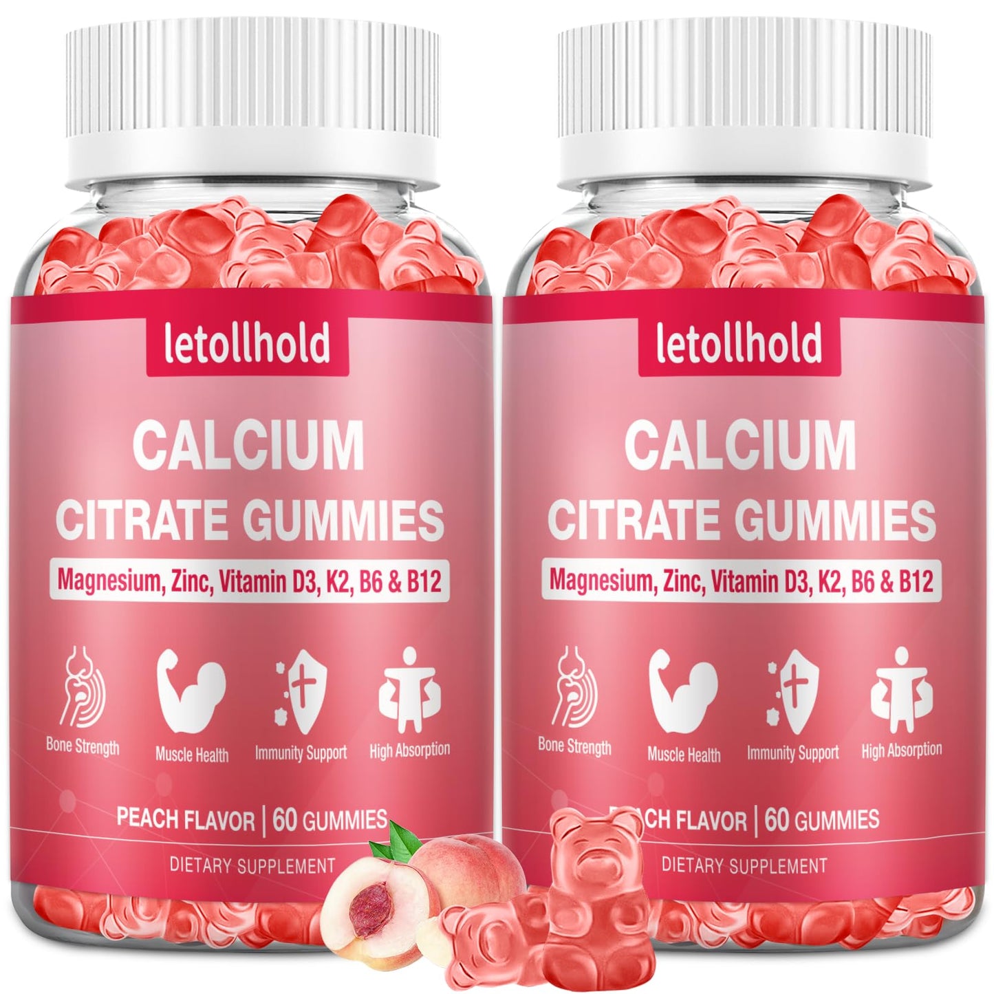 letollhold Calcium Citrate Gummies 1200mg with Magnesium, Zinc, Vitamin D3, K2, B6, B12 for Bone, Muscle, Joints, Immune Support 120 Count