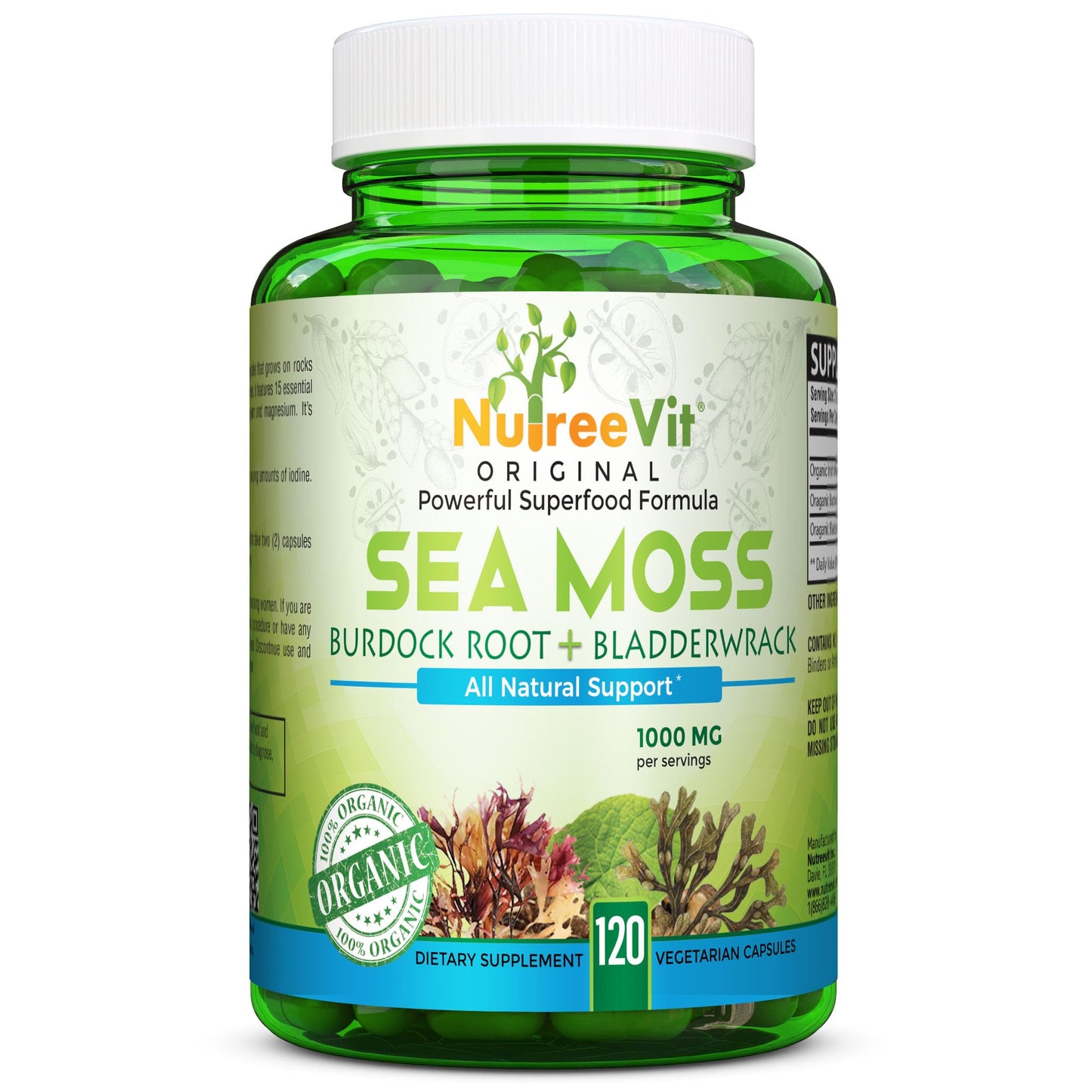 NutreeVit 100% Organic Sea Moss + Bladderwrack + Burdock Advanced Superfood Formula Capsules, 120 Count
