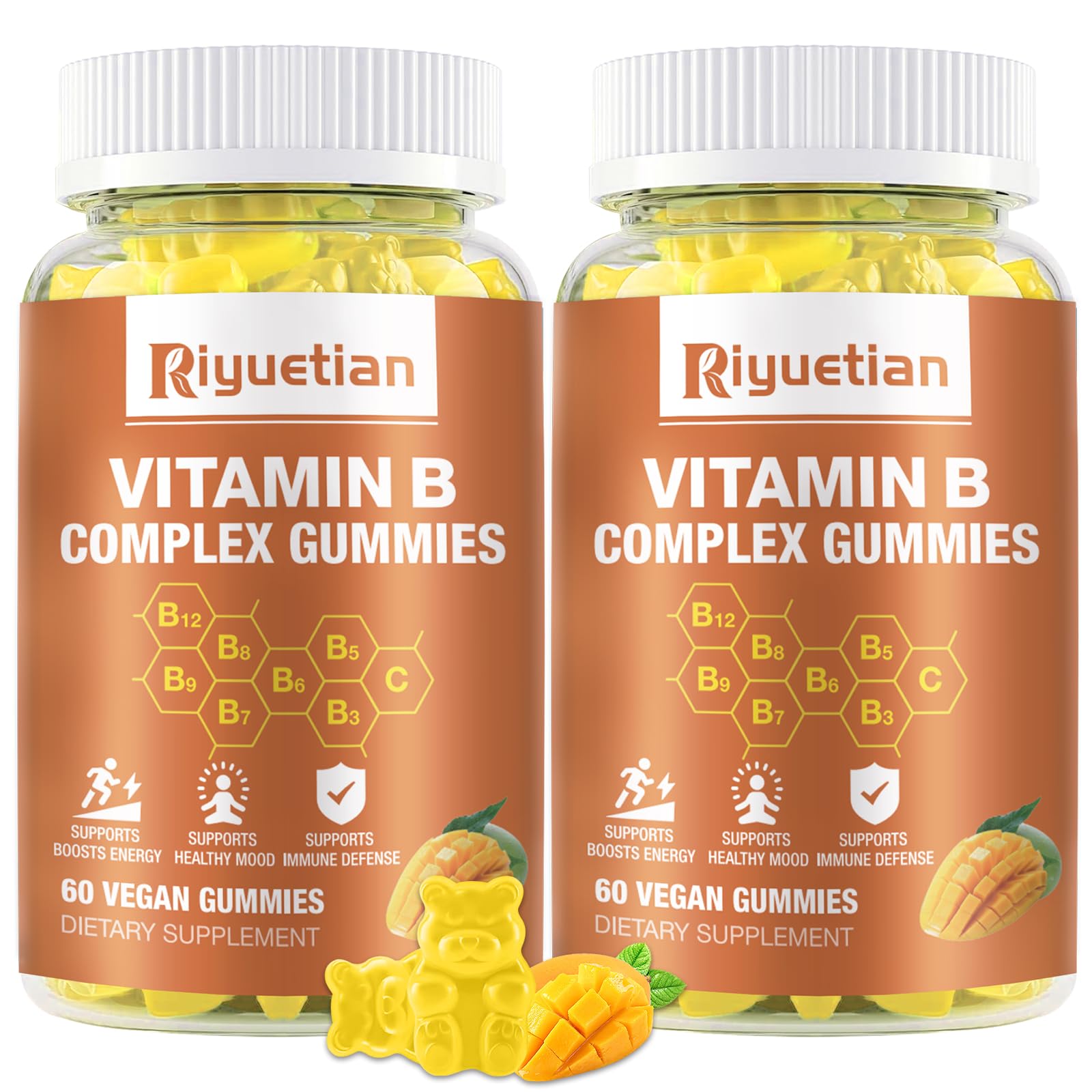 Riyuetian Vitamin B Complex Gummies with Biotin, Choline + Inositol, Vitamin C + Zinc – Supports Energy, Brain, Mood, Immune Health – Natural Mango Flavor – Vegan – 120 Gummies