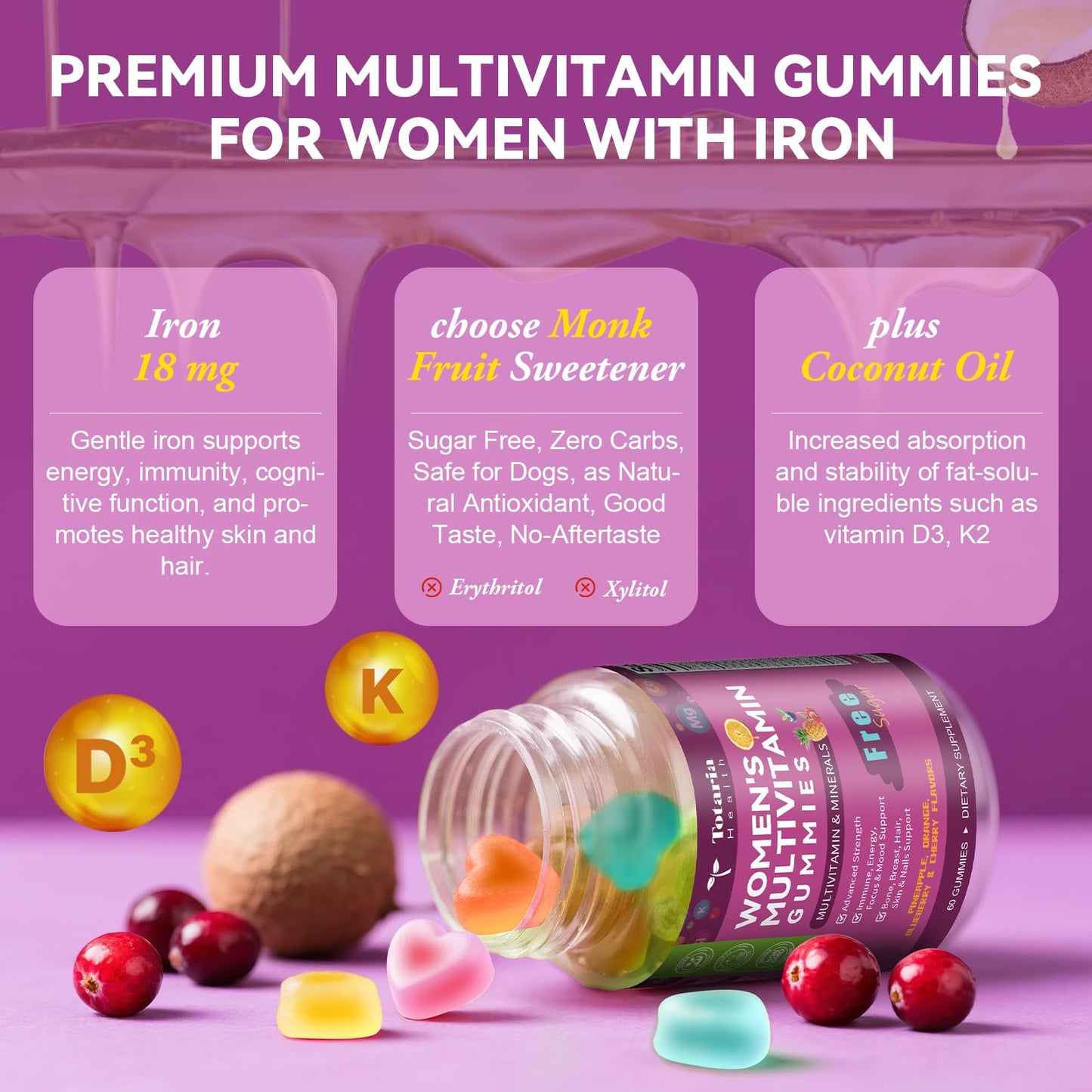 Totaria Sugar Free Women's Multivitamin with Iron and C, D3, K2, B12, B6 Gummies, 60 Count