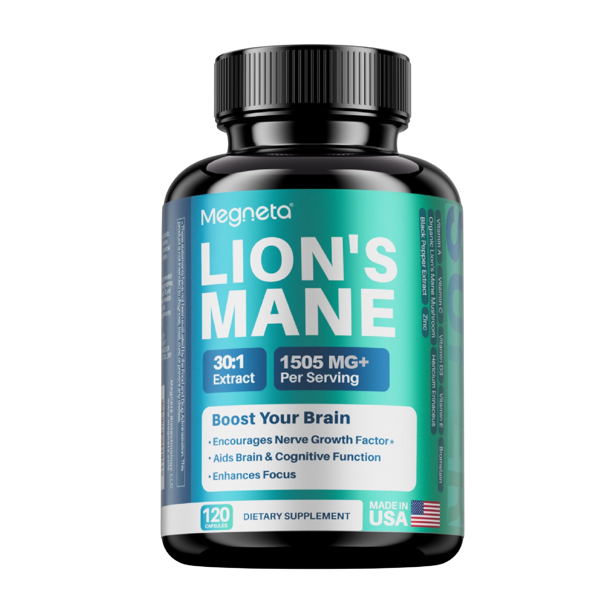 MEGNETA Lion's Mane Extract with Black Pepper Capsule, 120 Count