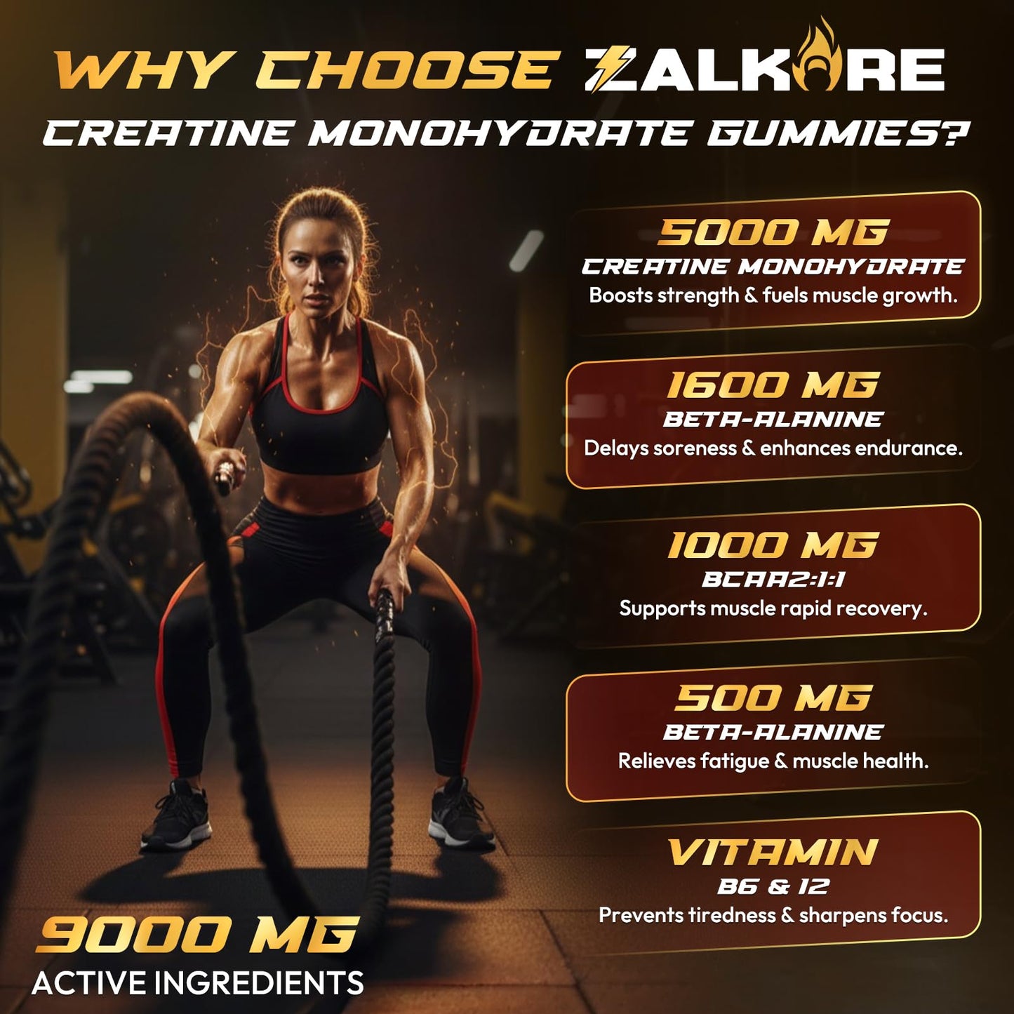 ZelKore Creatine Monohydrate Gummies 6G with Beta-Alanine, BCAA 2:1:1, L-Taurine, Vitamin B6 & B12, Pre-Workout Gummy, 150 Gummies