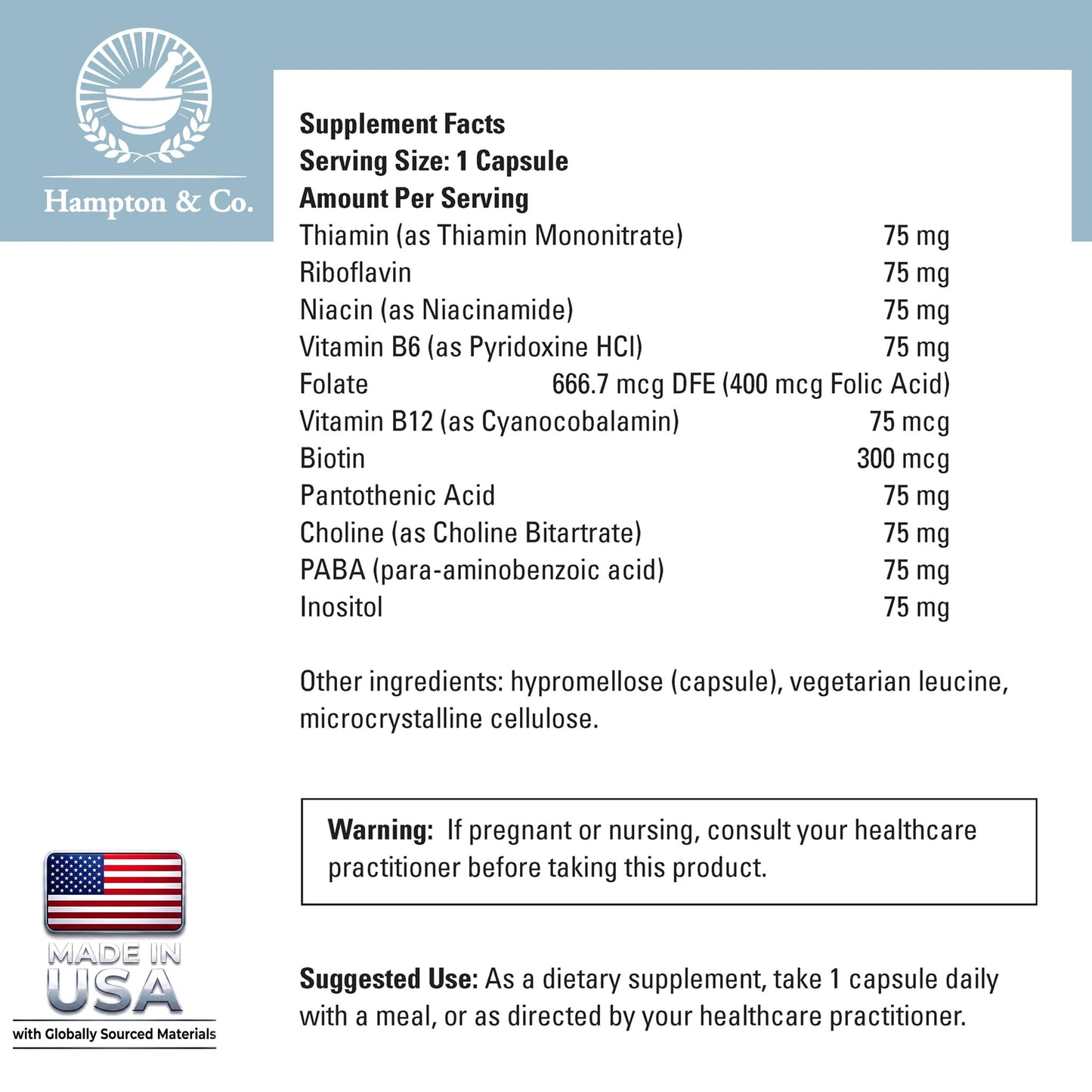 Hampton Distribution B-Complex for Stress & Nerve Support – Calming Vitamin Blend with B12, B6, Niacin & Biotin – Supports Relaxation & Neurological Health – 60 Vegetarian, Gluten-Free Capsules