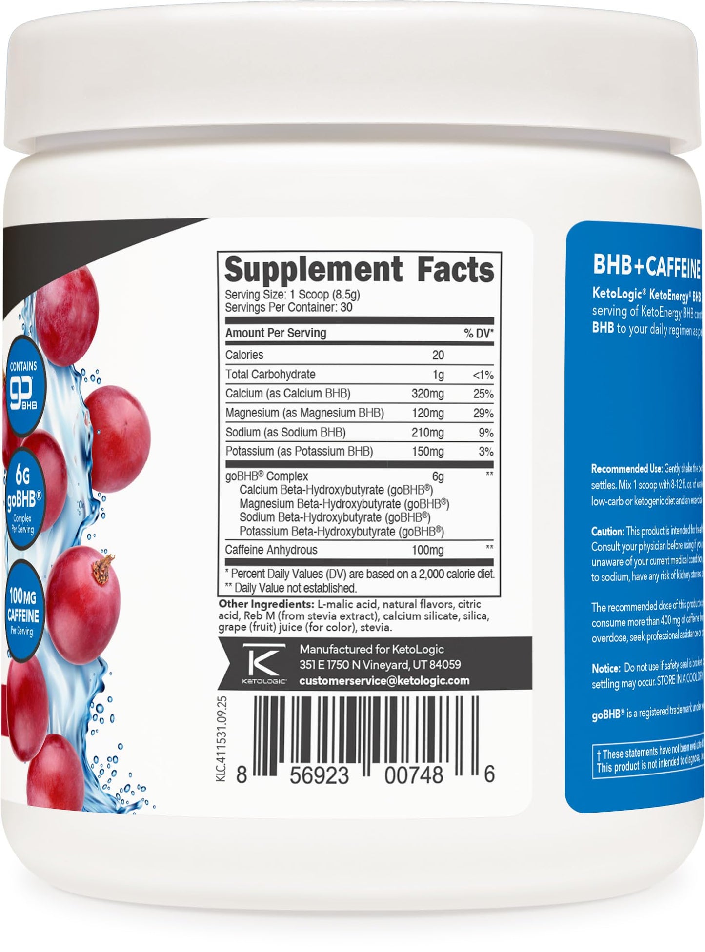 Ketologic BHB KetoEnergy Exogenous Ketones Powder with Caffeine (Grape) 8.9 Ounce