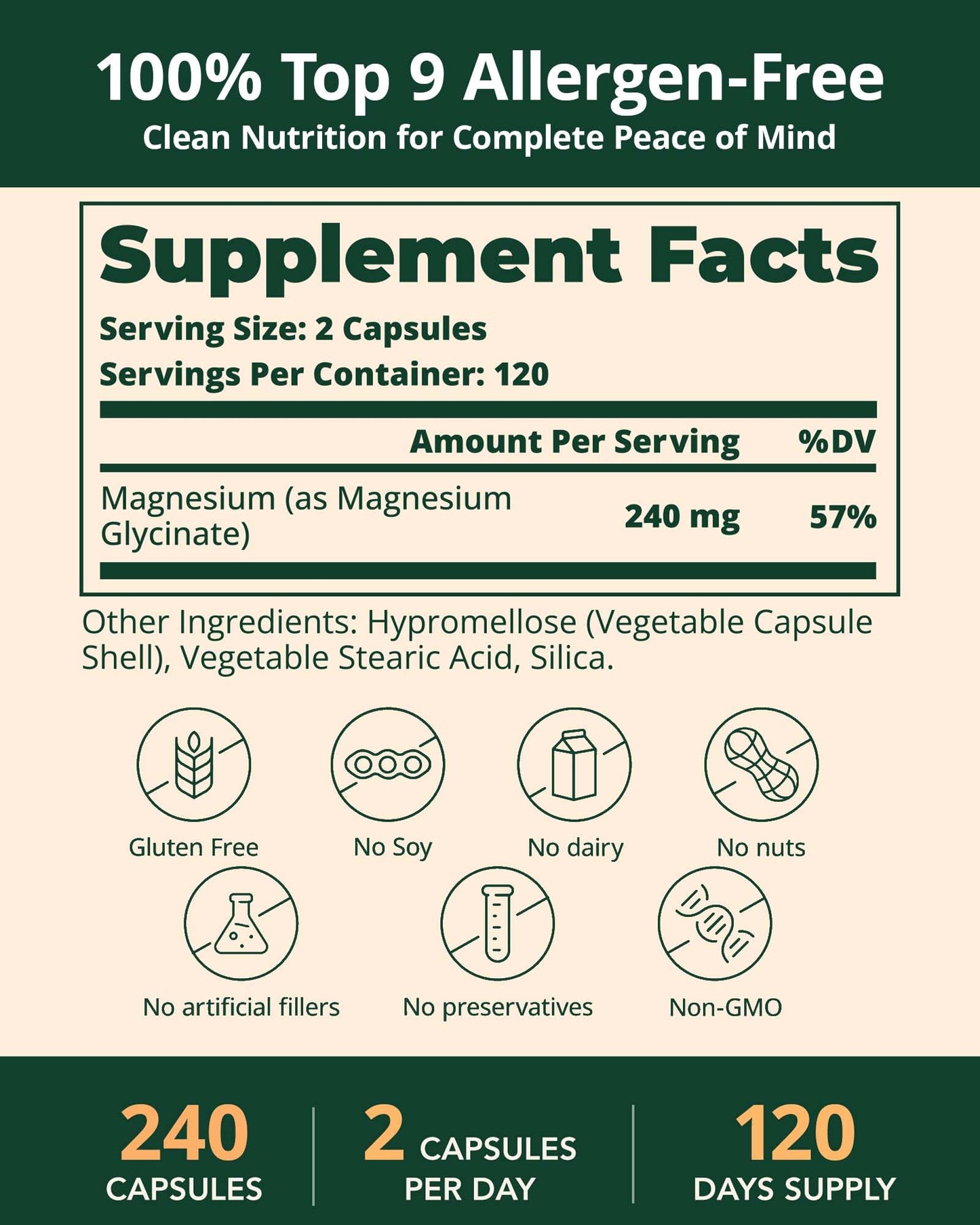 BienRaíz Magnesium Glycinate Supplement Capsules 240 Count
