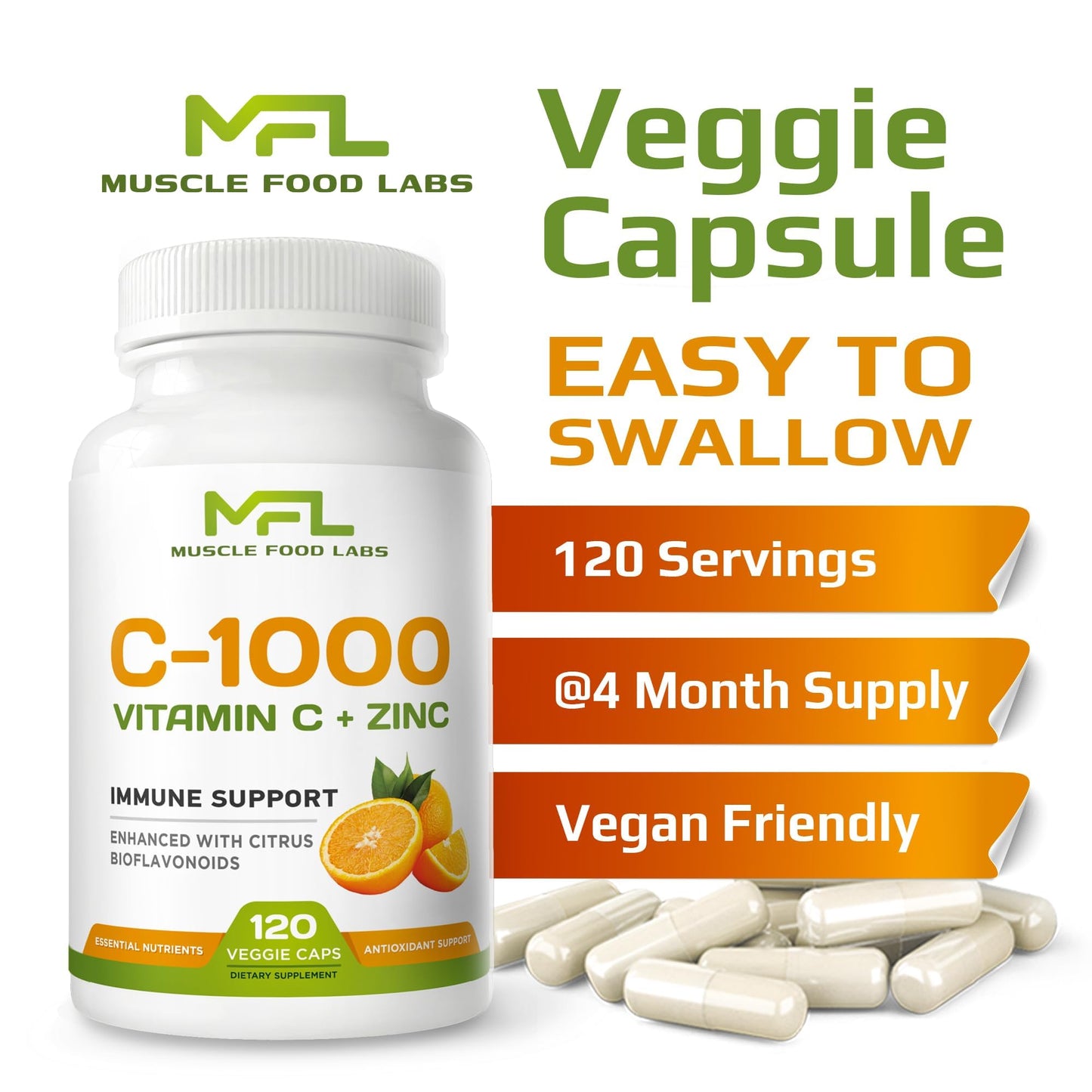 MUSCLE FOOD LABS Vitamin C + Zinc C-1000, 120 Capsules