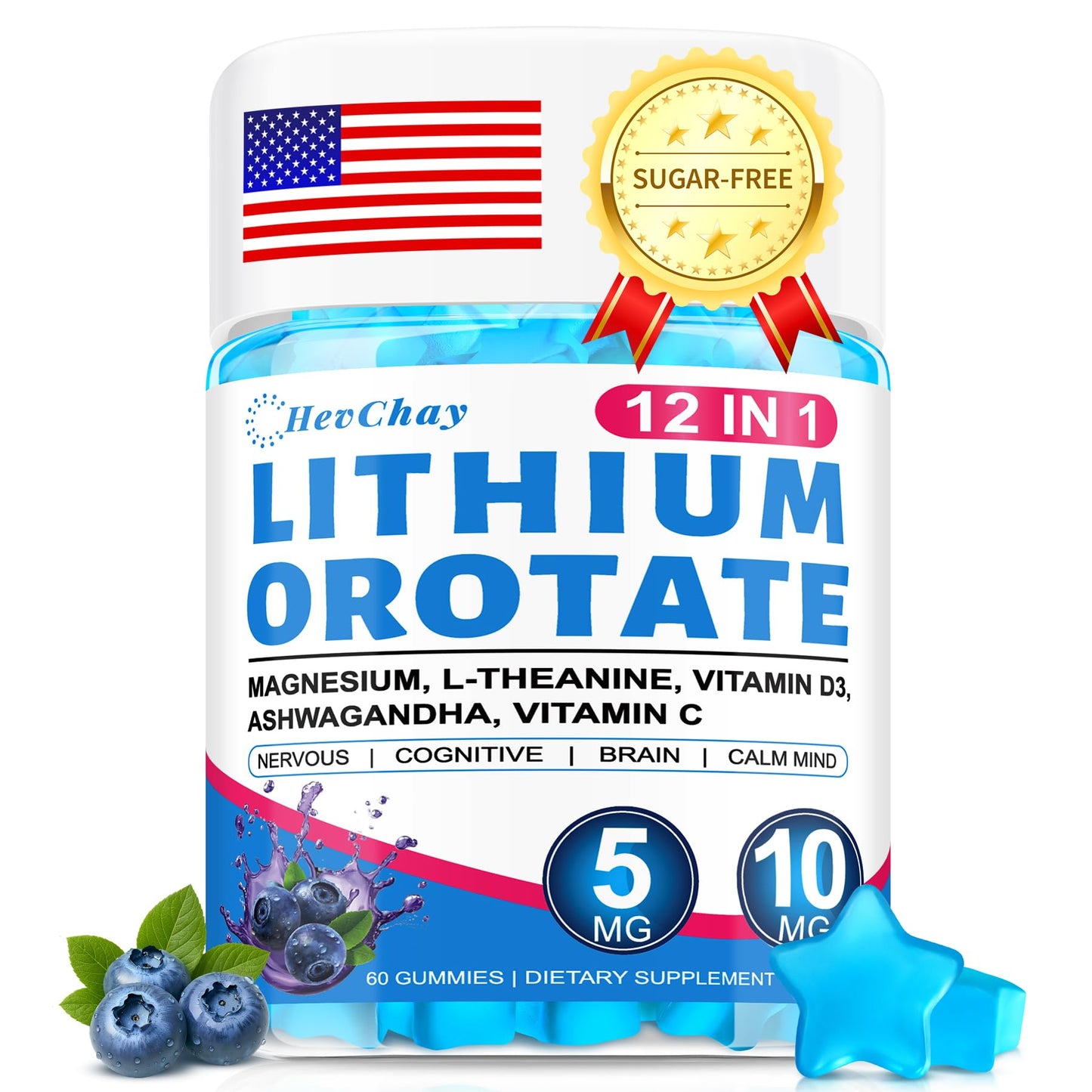 HevChay 12-in-1 Lithium Orotate 5mg 10mg with Ashwagandha & L-Theanine Gummies, 60 Count