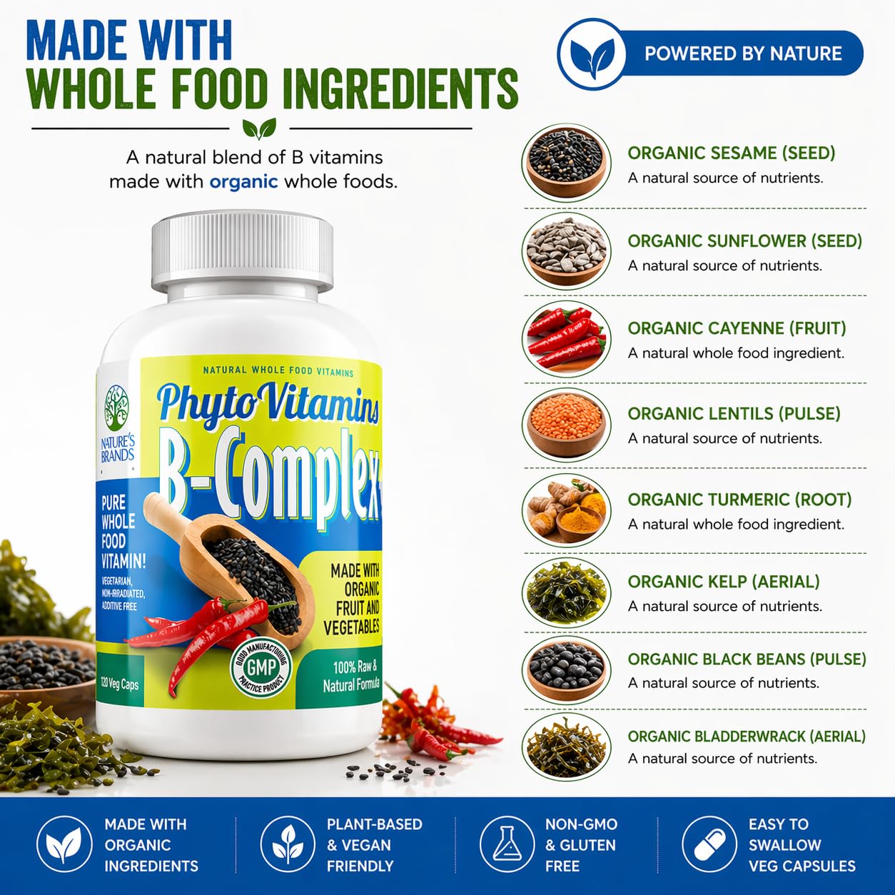 Nature's Brands Organic Whole Food Vitamin B-Complex Capsules 120 Count