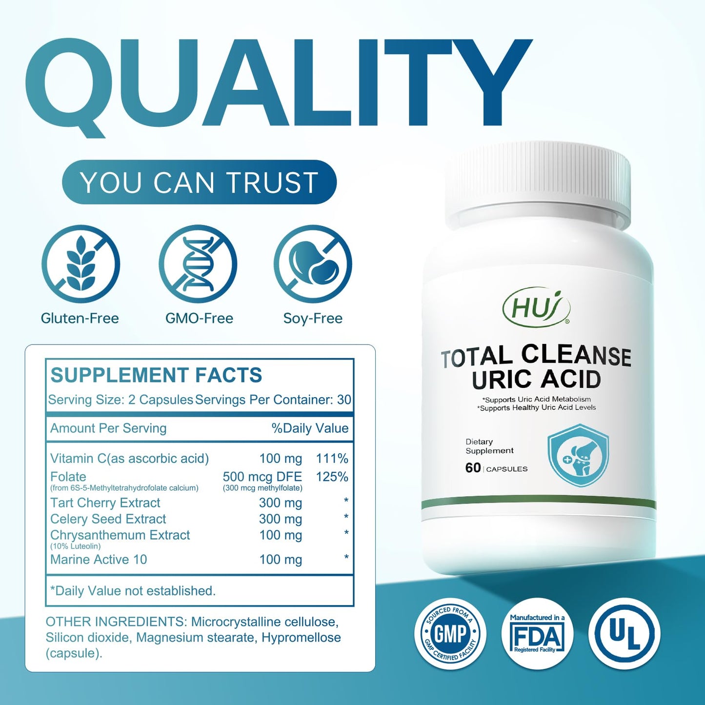 HUJ Total Cleanse Uric Acid Uric Acid Cleanse Supplement with Tart Cherry, Celery Seed, Marine Active 10 and Chrysanthemum Extract, 60 Capsules