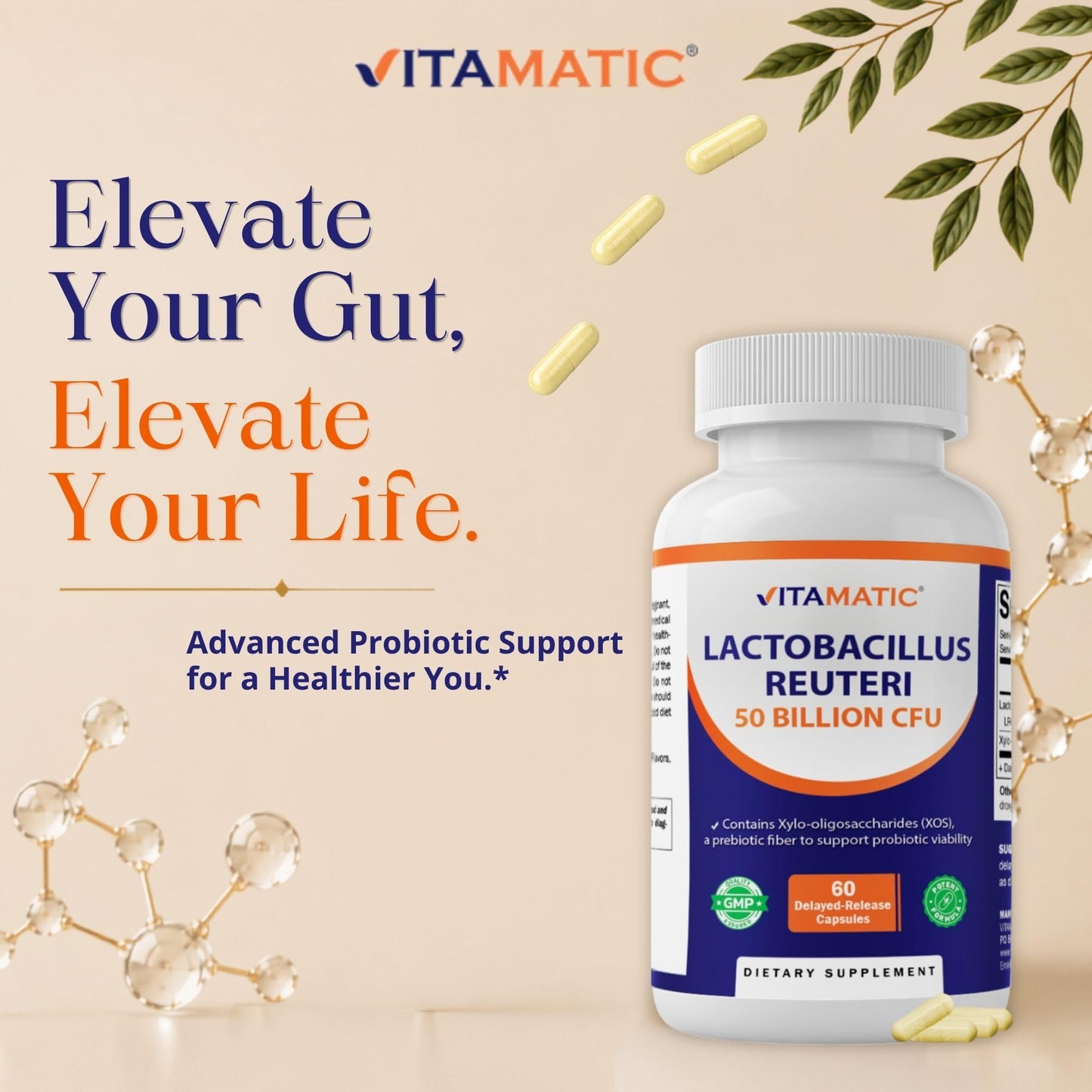 Vitamatic Lactobacillus Reuteri 50 Billion CFU with XOS Prebiotic, Delayed-Release Probiotic Capsules, 60 Count