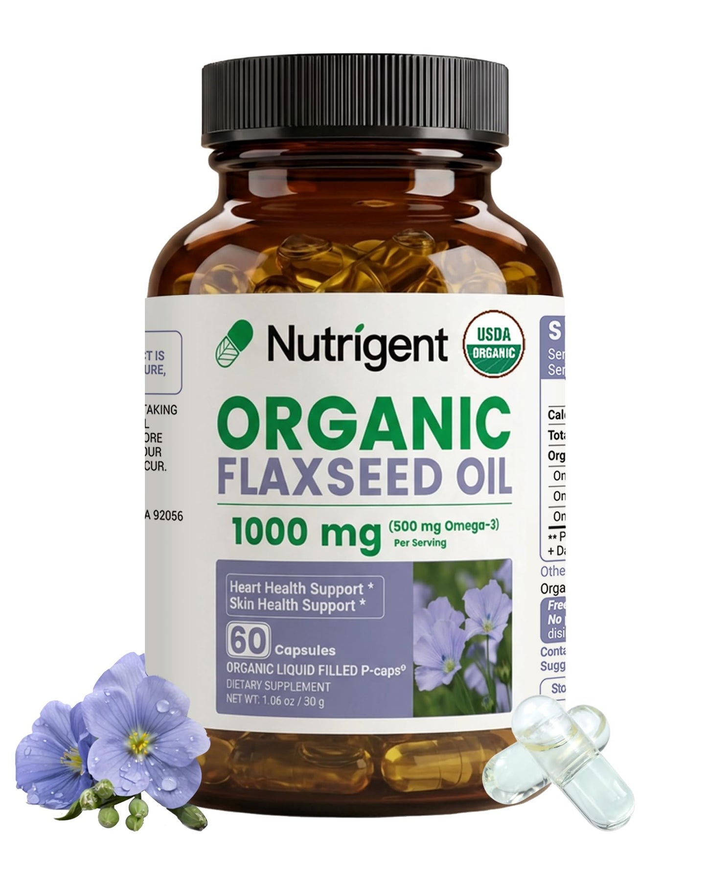 Nutrigent USDA Organic Flaxseed Oil 1000mg Plant-Based Liquid Capsules, 60 Capsules