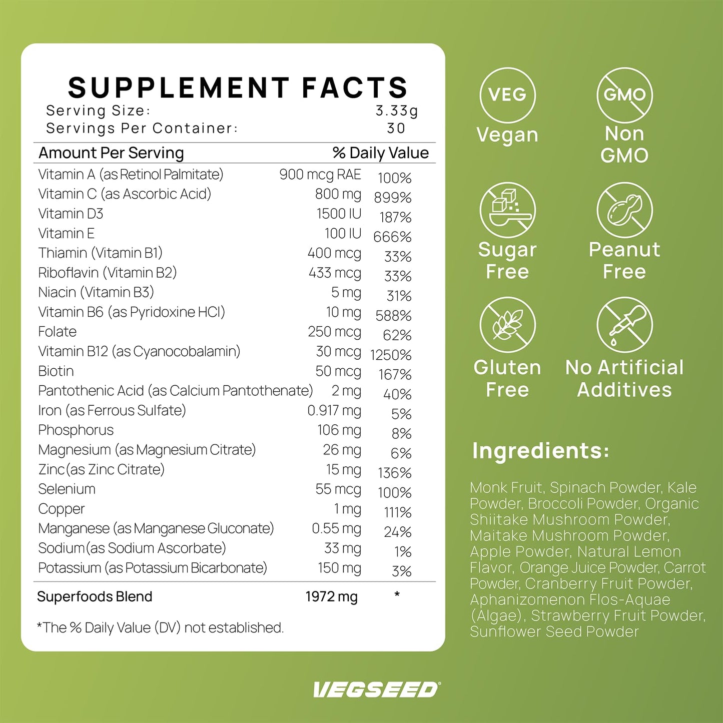 vegsseed Immunity Greens Superfoods Powder 3.53 Ounce