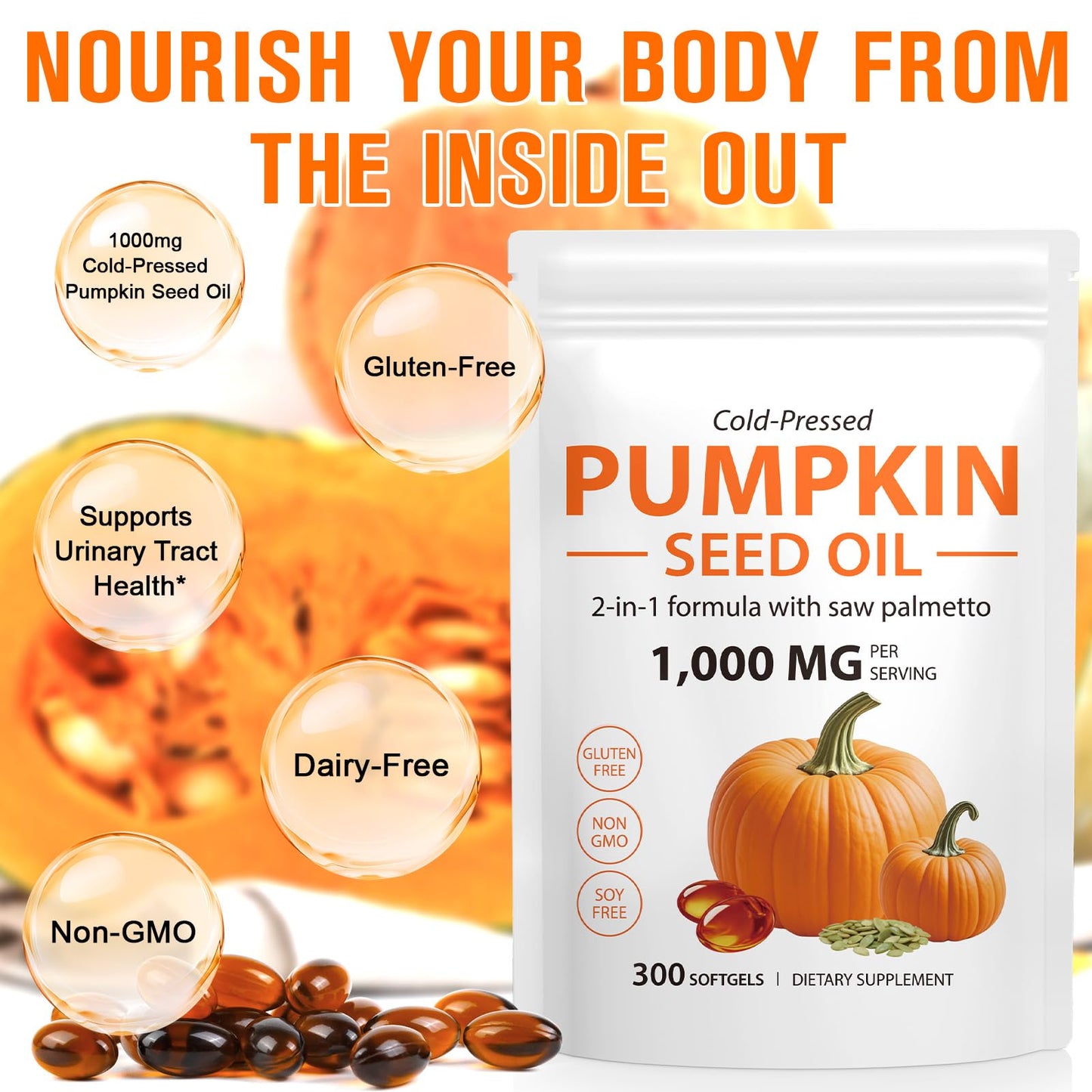 Akeeronn Pumpkin Seed Oil Capsules with Saw Palmetto, 300 Capsules