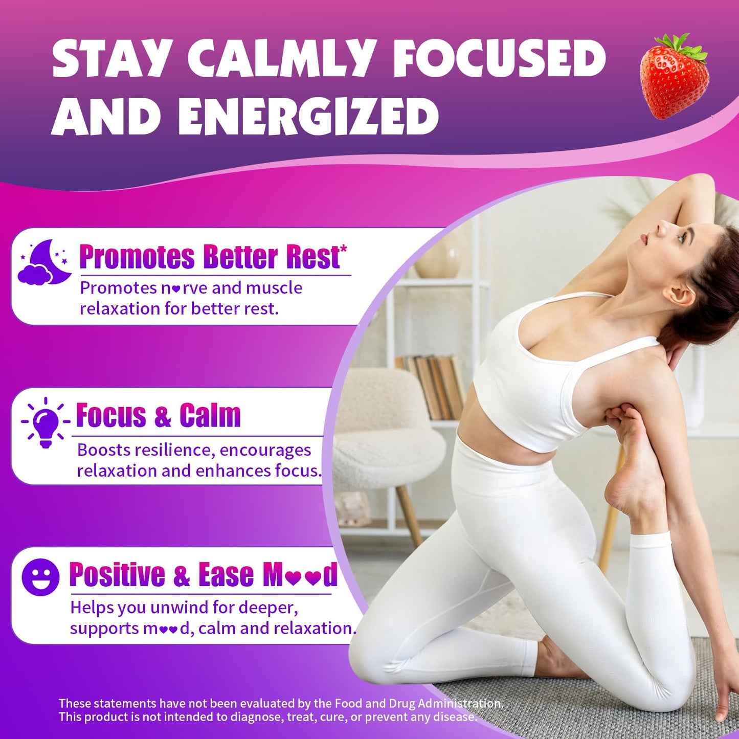 YUULAI L-Theanine Gummies 400mg, Sugar-Free L-Theanine with Ashwagandha, GABA, 5HTP for Relax, Zzz & Focus Support, Vegan, Strawberry Flavor, 60 Gummies