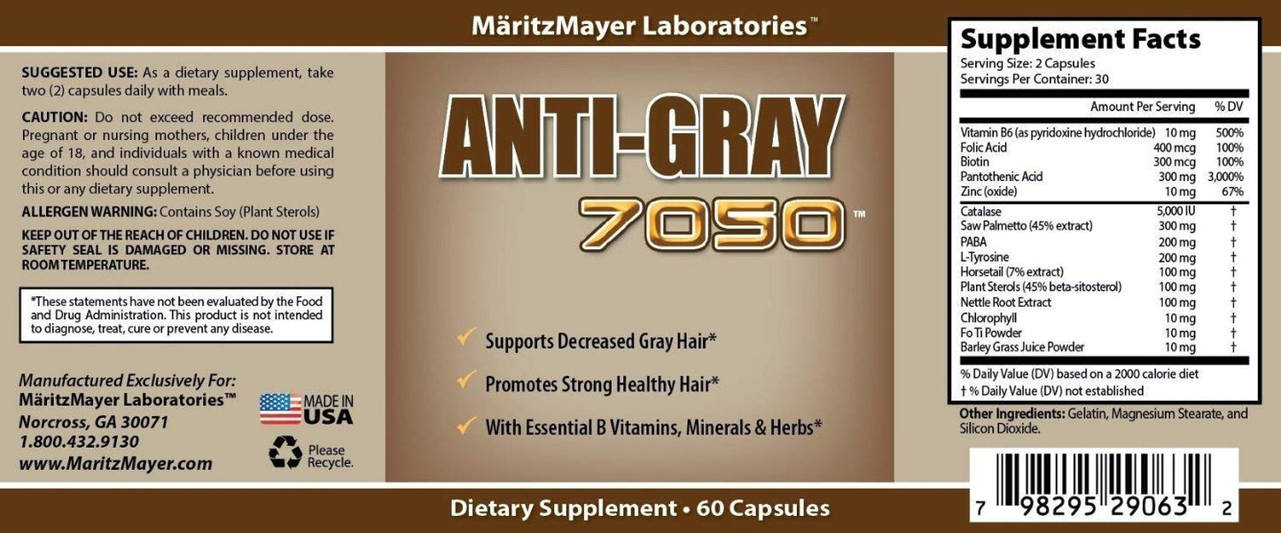 MÄRITZMAYER LABORATORIES Anti-Gray Hair 7050 Capsules, 60 Capsules per Bottle, 4 Bottles