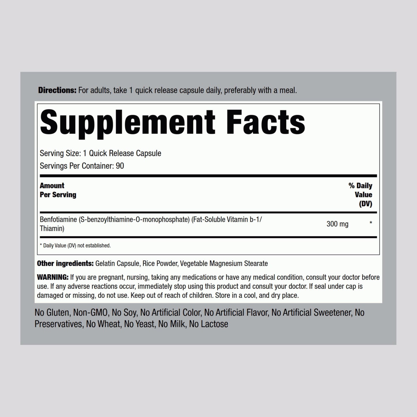 Piping Rock Benfotiamine 300mg Capsules, 90 Count