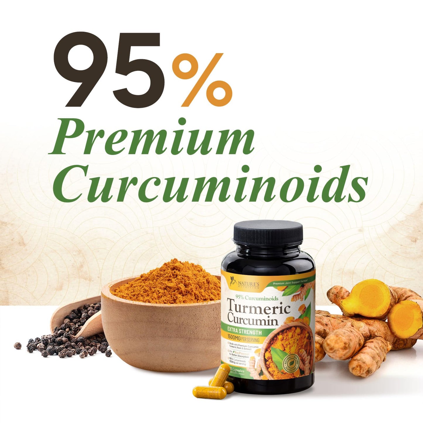 Nature's Nutrition Turmeric Curcumin Supplement 1500mg with BioPerine Black Pepper for Absorption, Organic Turmeric & 95% Curcuminoids, Joint & Immune Support, Non-GMO, 240 Capsules