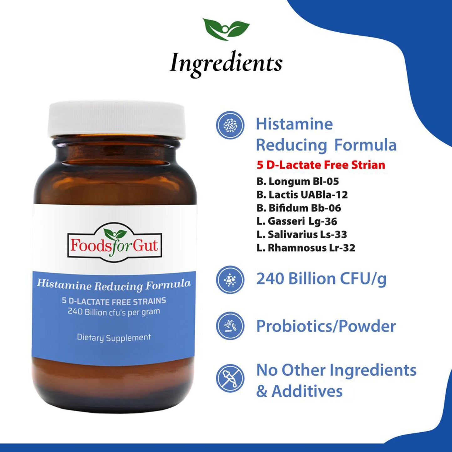 Foods For Gut Histamine & D Lactate Free Probiotics Powder 240 Billion CFU, 3.52 oz