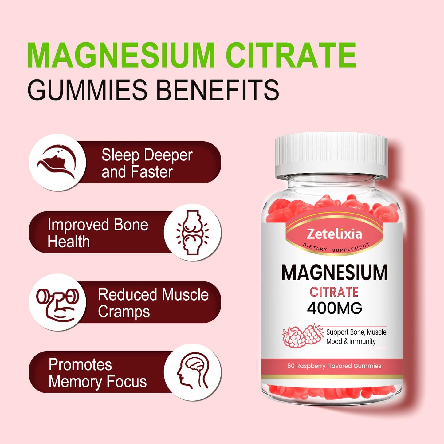 Zetelixia Magnesium Citrate Gummies 400mg, 60 Count