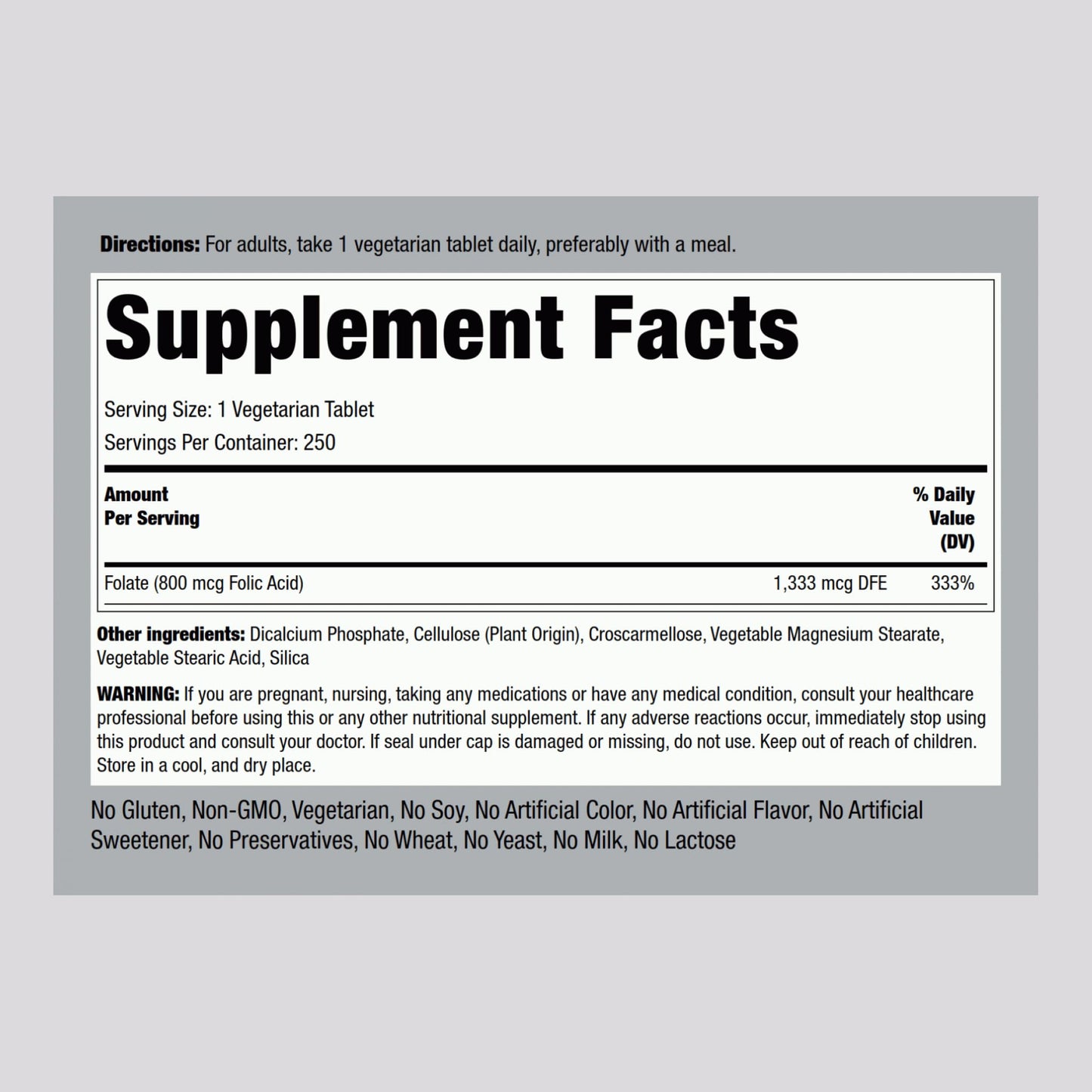 Piping Rock Folic Acid Supplement 250 Tablets