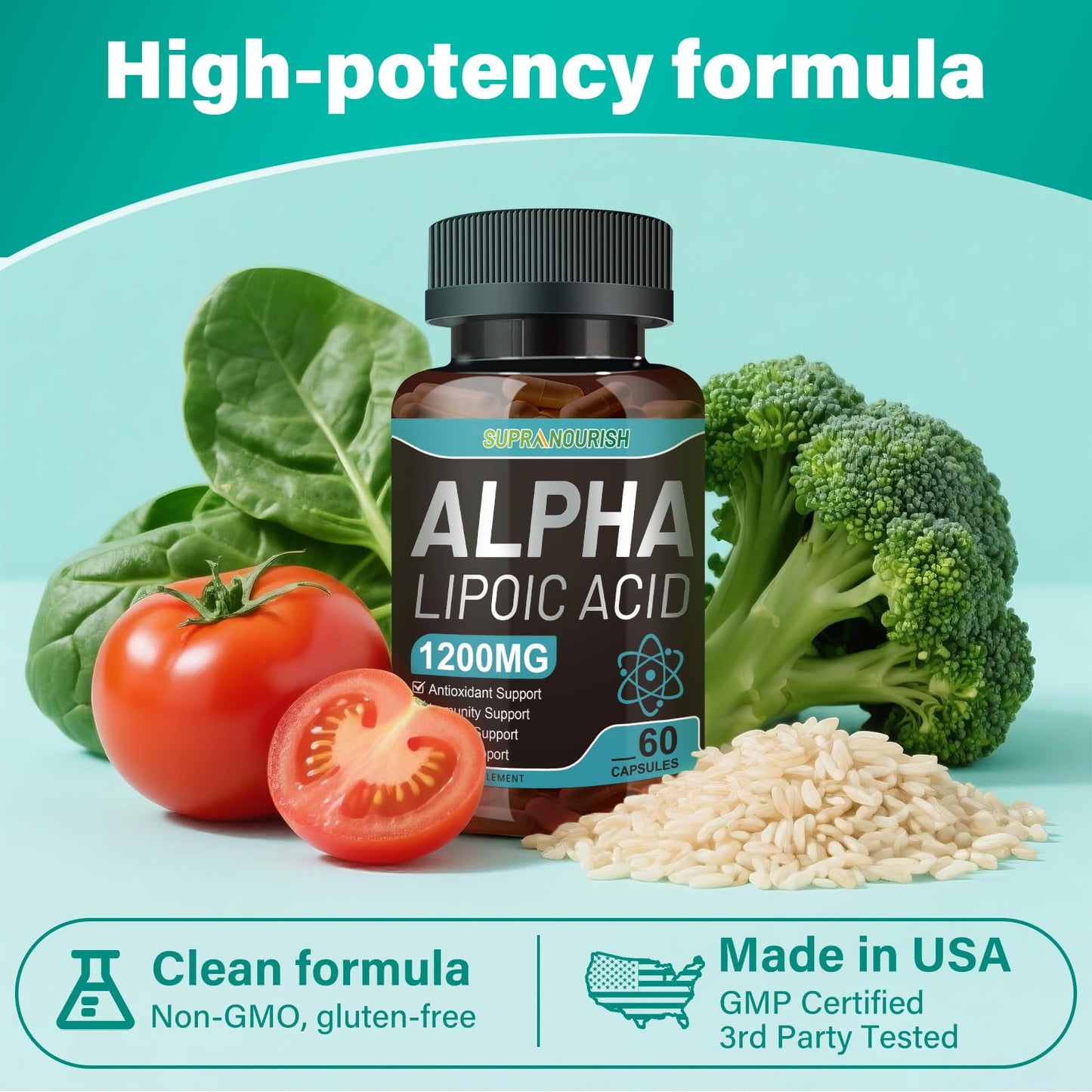 SUPRANOURISH Alpha Lipoic Acid 1000mg 6-in-1 Nerve Support Supplement with Benfotiamine, B1, B12, Grape Seed & Ubiquinol Non-GMO, 60 Capsules
