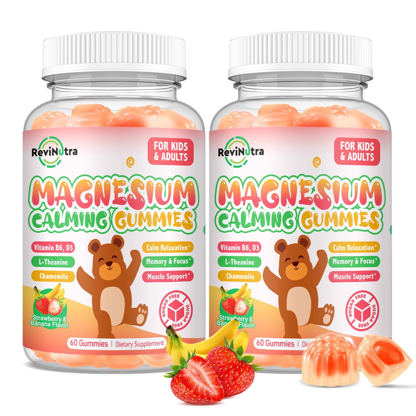 ReviNutra Magnesium Glycinate Gummies with L-Theanine, Vitamin B6, D3 for Kids and Adults, Sleep, Calm, Relaxation, Sugar-Free Banana & Strawberry, 120 Gummies