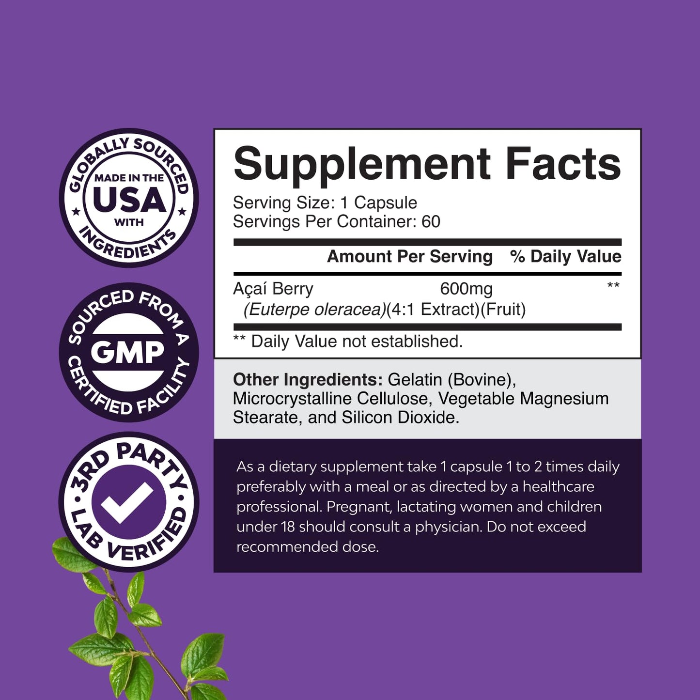 Natures Craft Acai Berry Supplement for Energy & Weight Goals Capsule, 60 Count