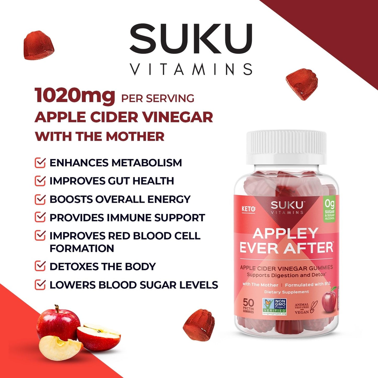 SUKU Appley Ever After Gummies – Apple Cider Vinegar with Methylated B12 & Folate – Sugar-Free, Gluten-Free, Vegan Detox & Energy Support – Amazing Apple Flavor – 50 Count