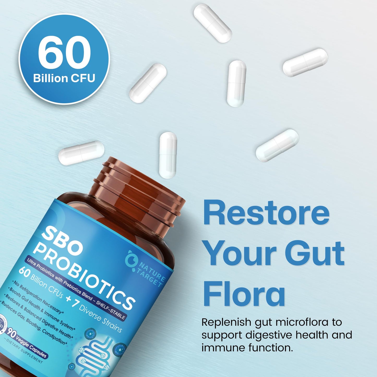 Nature Target Probiotics for Women & Men 60 Billion CFU with Prebiotics SBO Probiotics for Digestive Health, Gas & Bloating, 90 Capsules