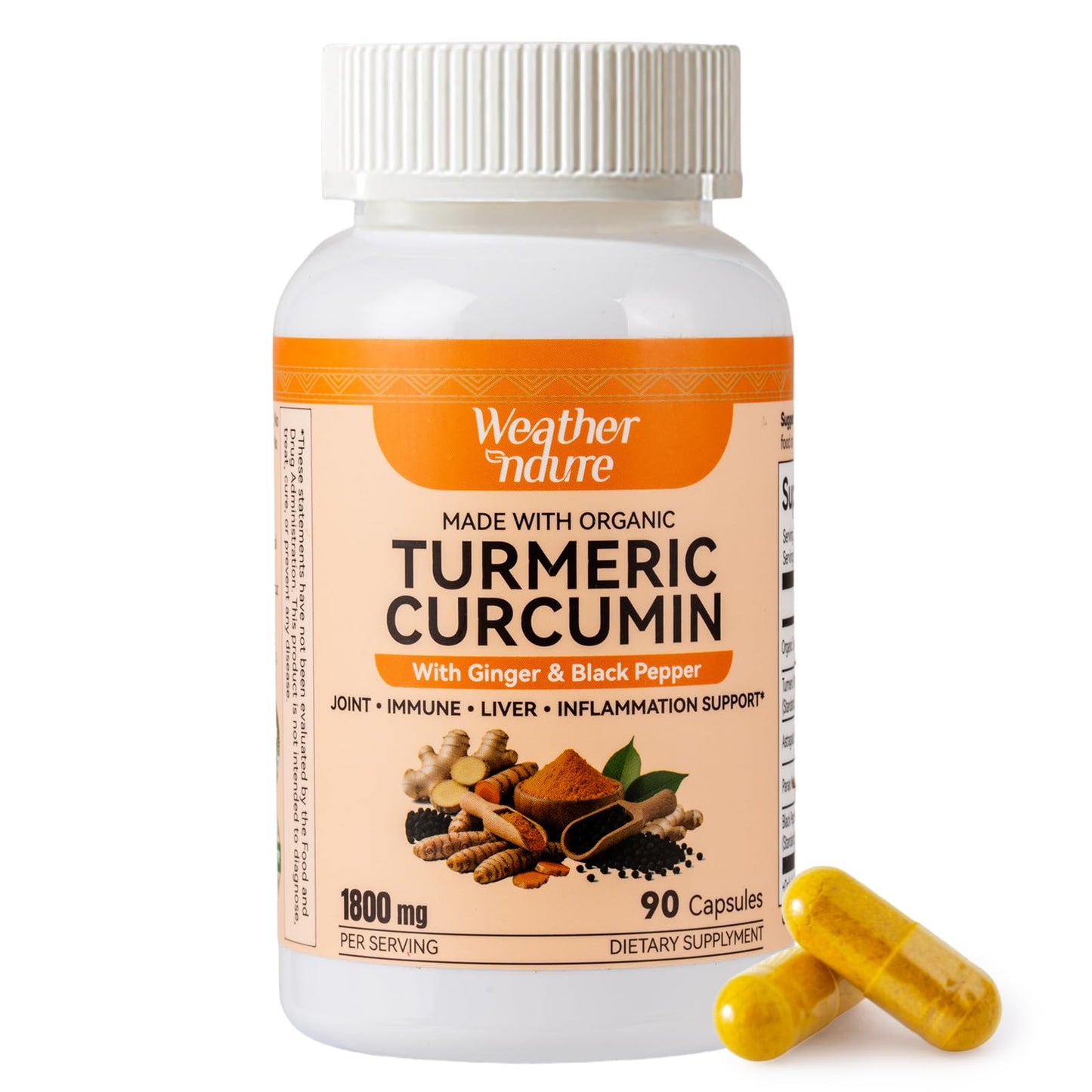 Weatherndure Turmeric Curcumin with BioPerine Immune System Support Standardized to 95% Curcuminoids Enhanced Absorption*, 90 Veg Capsules