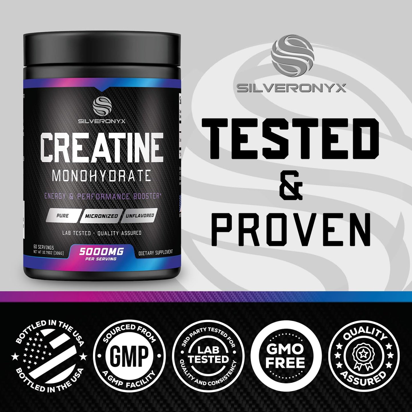 SILVERONYX Creatine Monohydrate Powder 5000mg Per Serving, 60 Servings