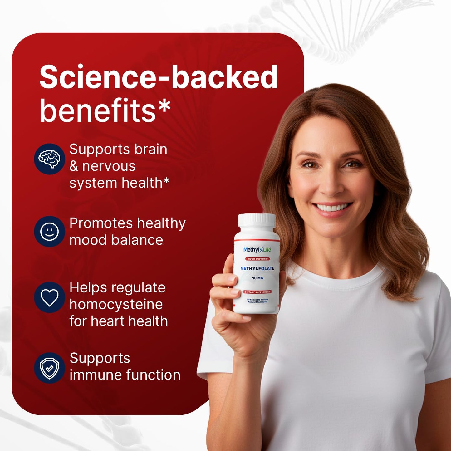 Methyl-Life L-Methylfolate 10 mg Chewable Active Folate Tablets with ultrapure Cerebrofolate (L-5-MTHF, Calcium) 90 Count