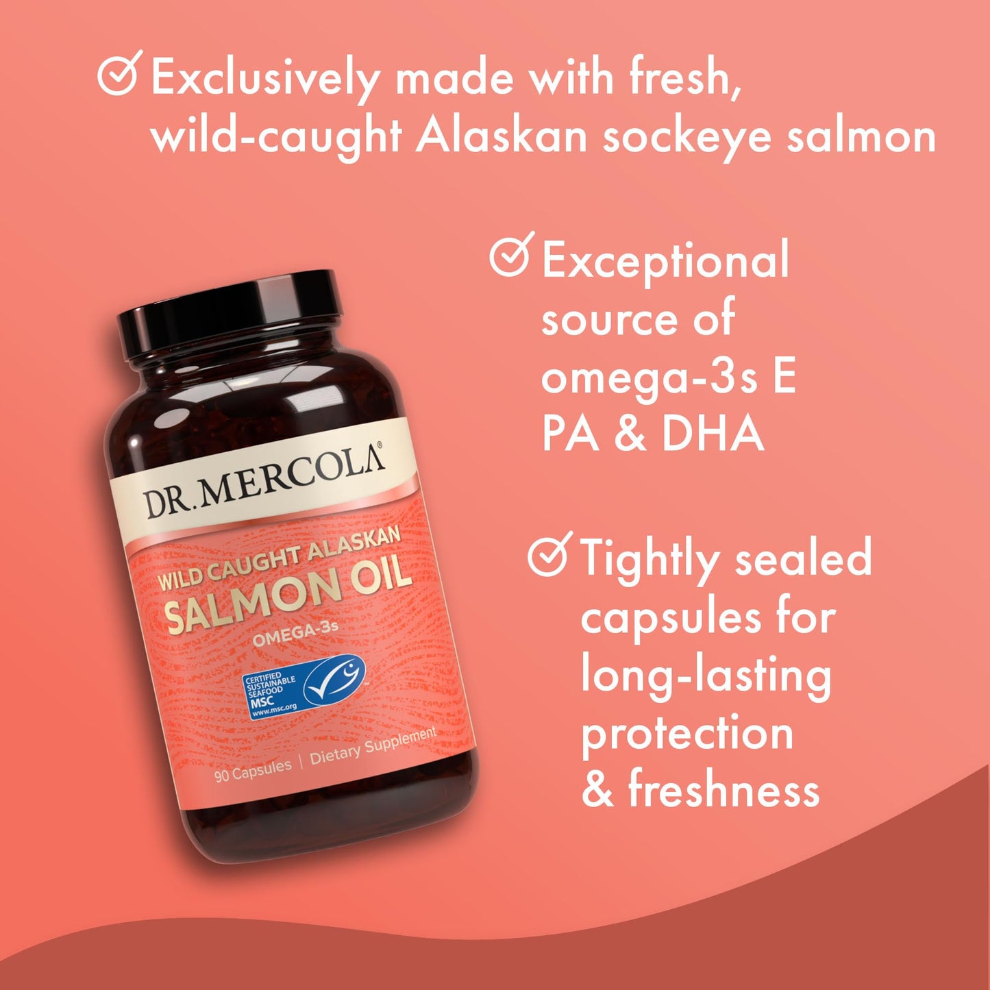 Dr. Mercola Salmon Oil Omega-3 Support Capsules, 3000 mg, Wild Caught Alaskan Sockeye, Non-GMO, 90 Capsules