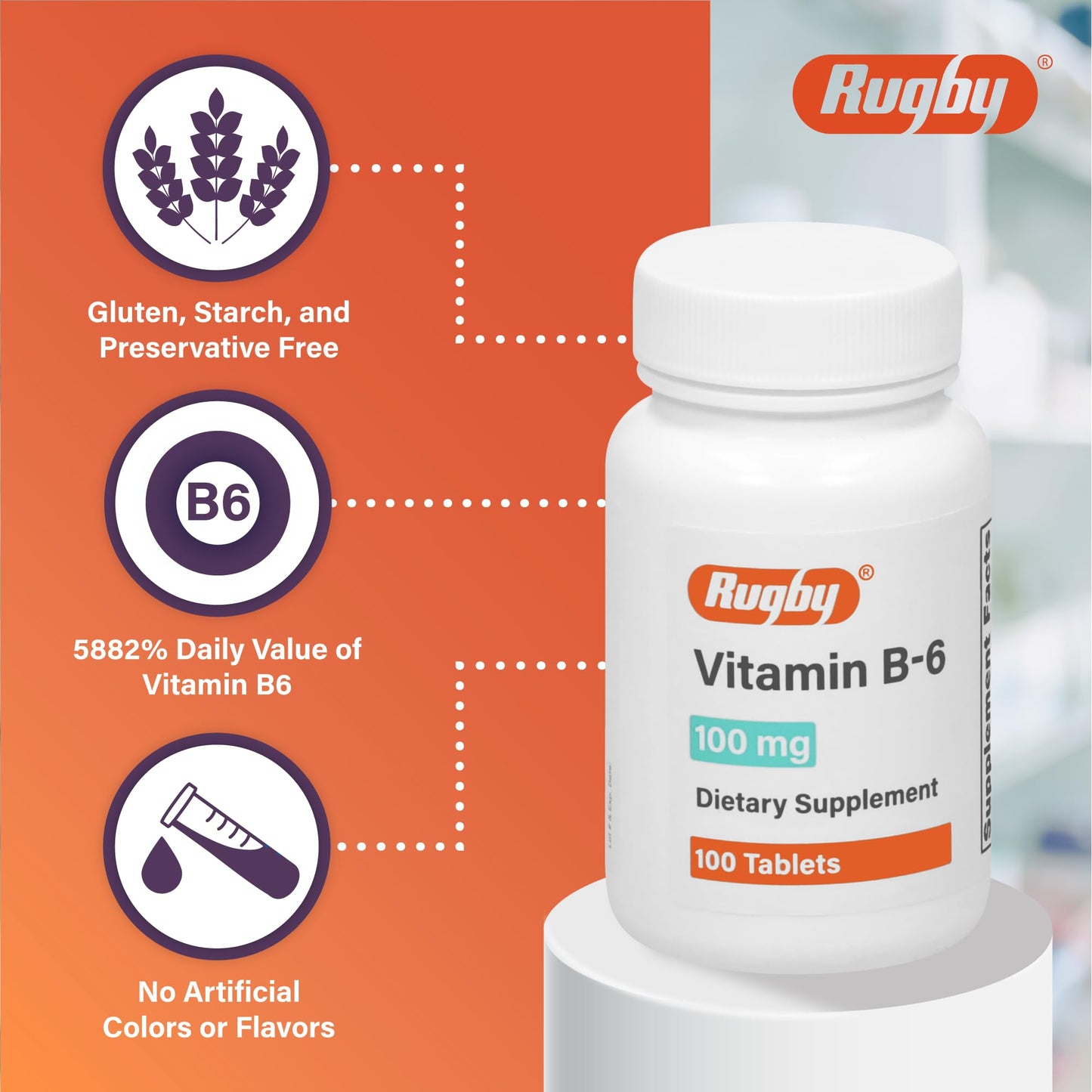 Rugby Laboratories Vitamin B-6 Tablets, 100 Tablets