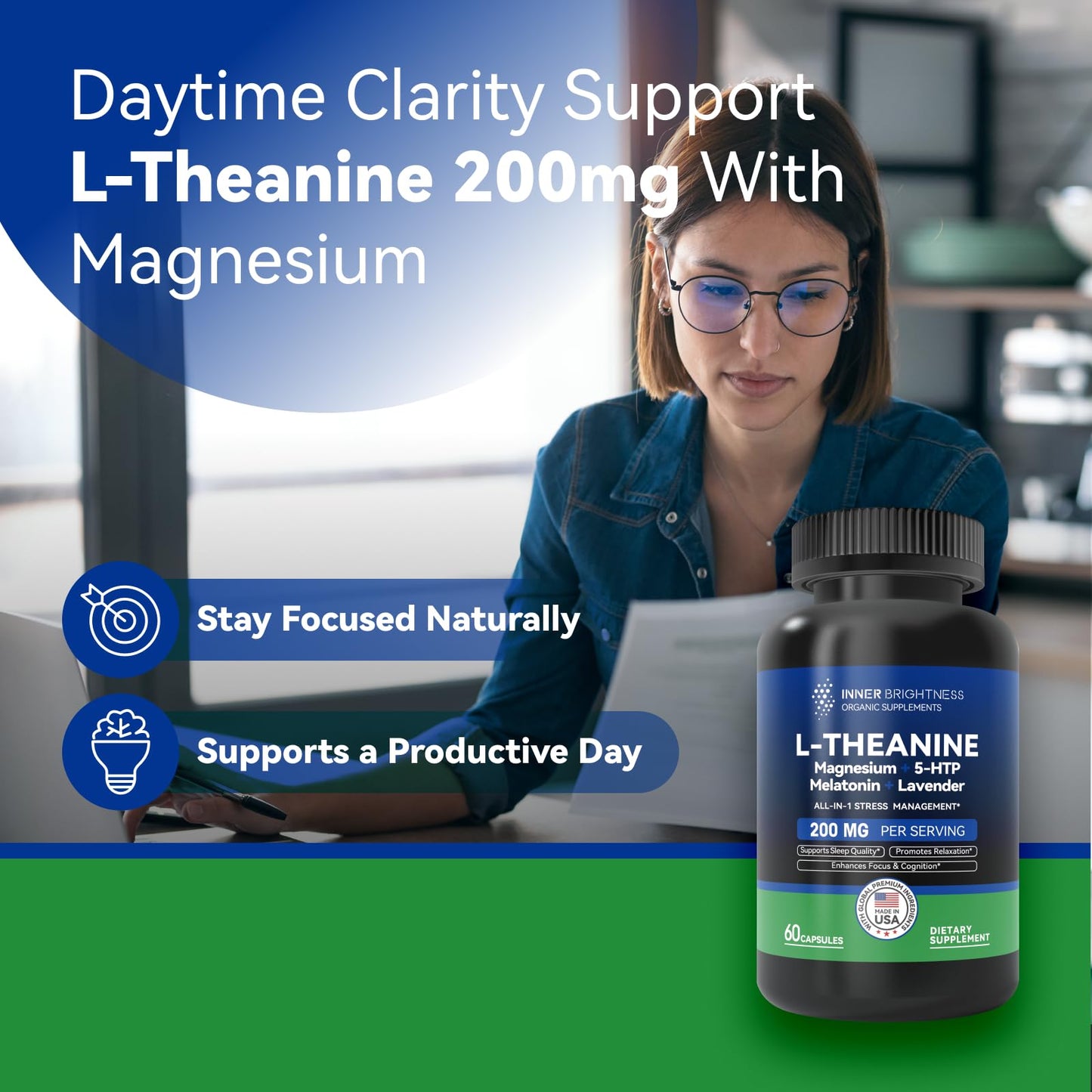 Inner Brightness L-Theanine 200mg, Magnesium, 5-HTP & Melatonin All-in-1 L-Theanine Supplement for Stress Relief, Focus & Cognition, Sleep Capsules 60 Count