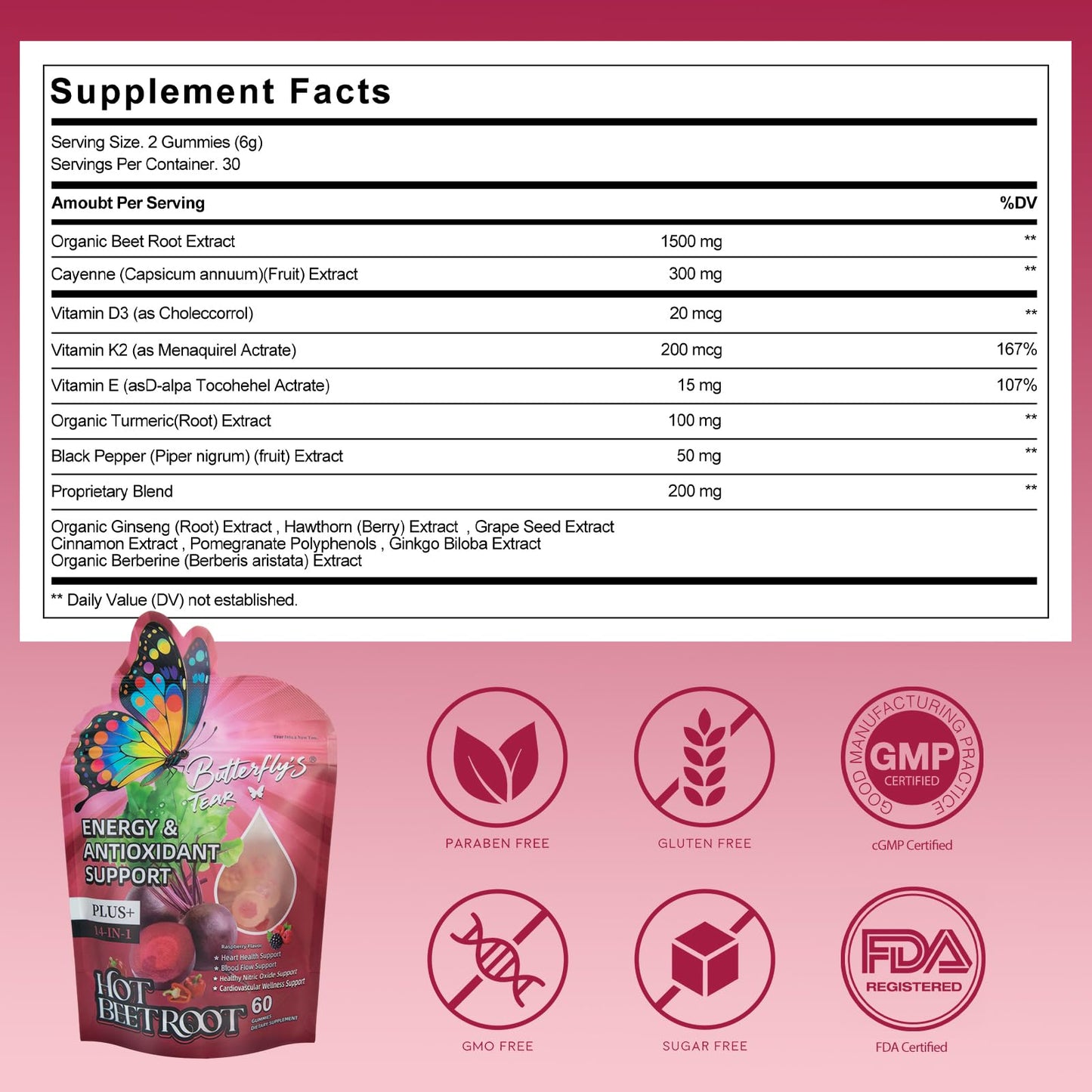 BUTTERFLY'S TEAR Beet Root Gummies 60 Count