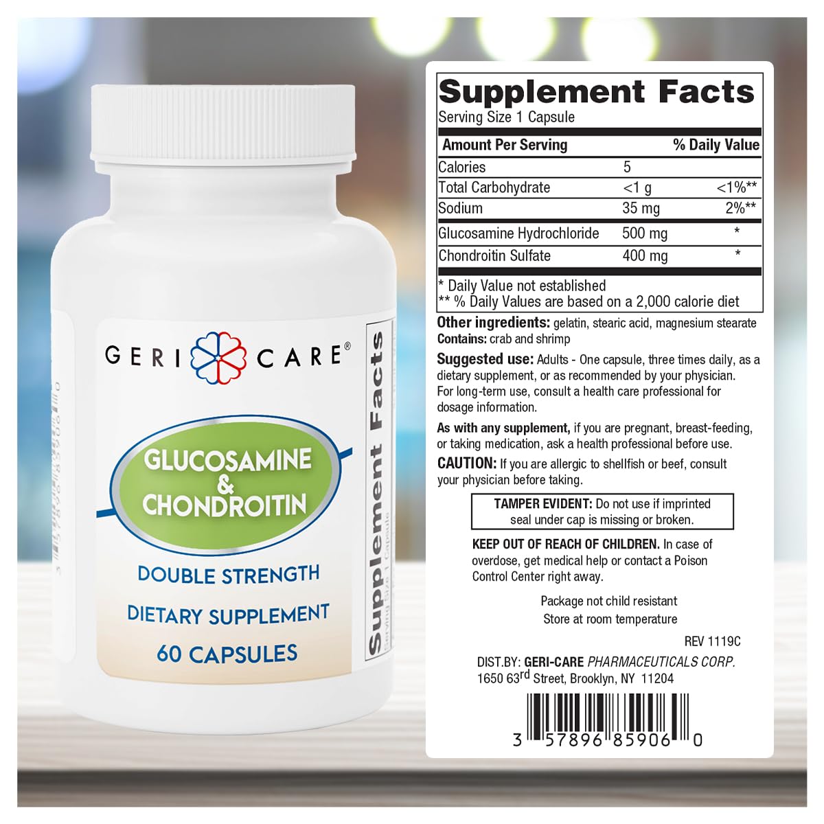 GeriCare Glucosamine HCl 500 mg and Chondroitin Sulfate 400 mg with Sodium 35 mg Capsules, 60 Count