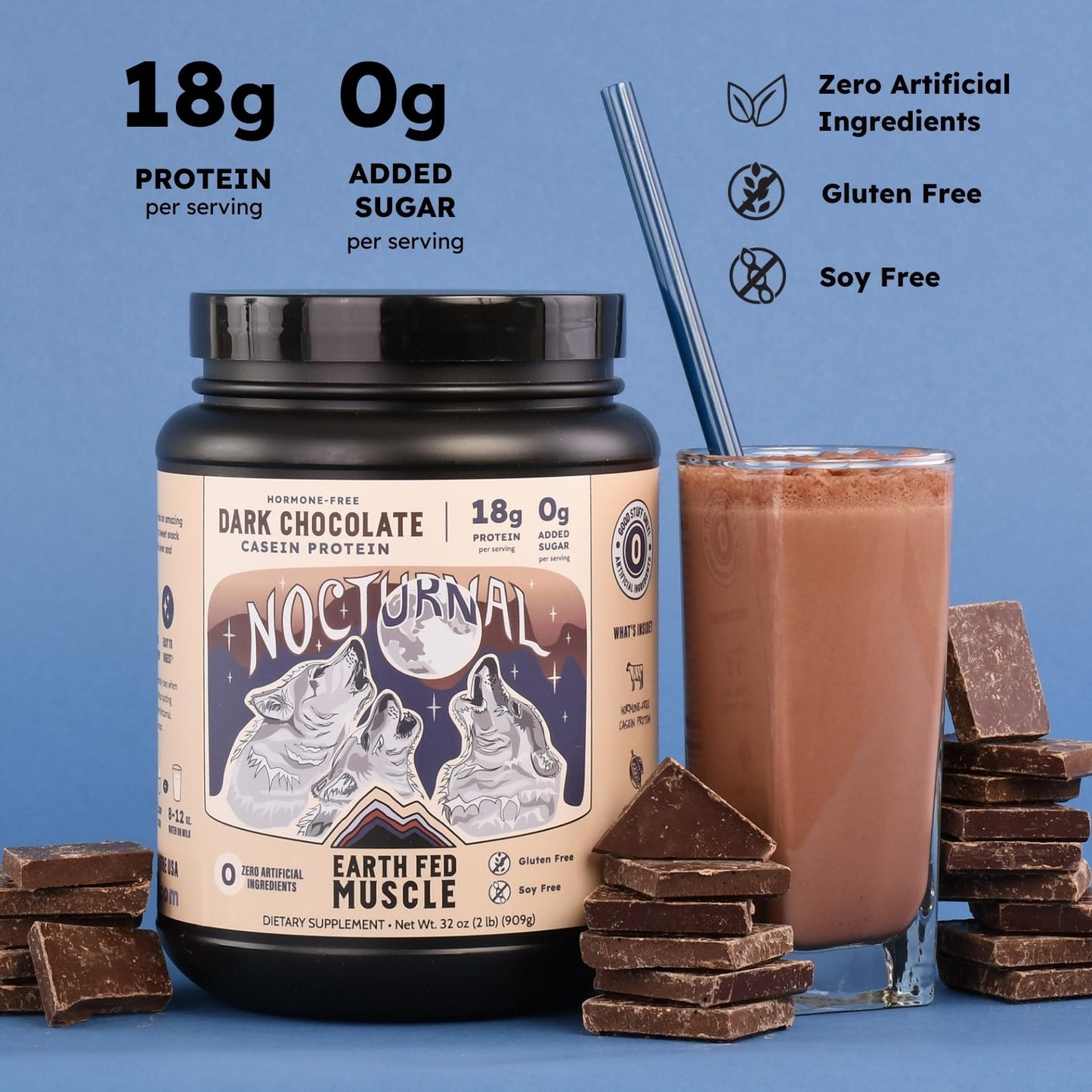 Earth Fed Muscle Nocturnal Casein Protein Powder with Whey Blend, Dark Chocolate, 32 Servings, 2 lb