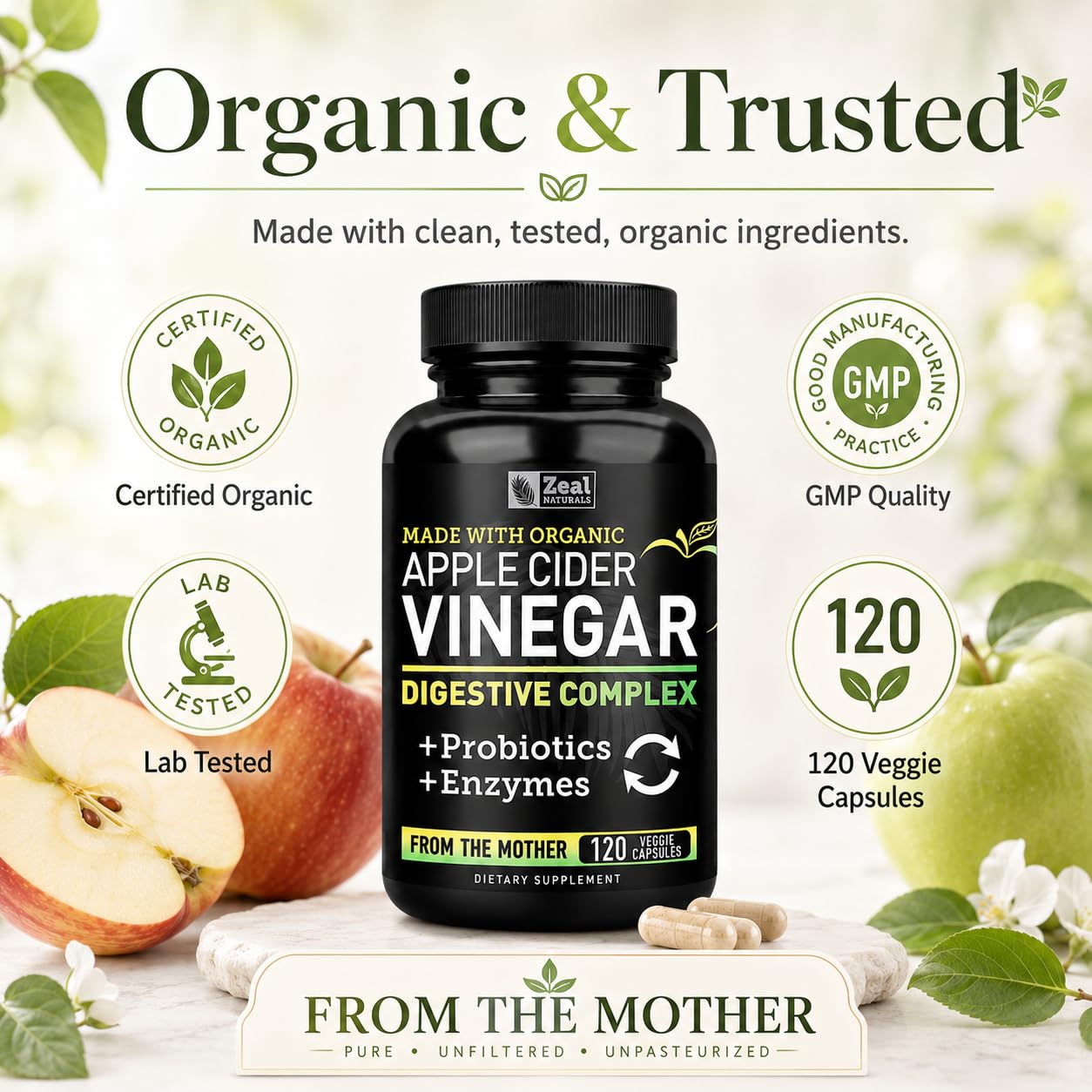 Zeal Naturals Organic Apple Cider Vinegar Capsules + Digestive Enzymes & Probiotics, 120 Capsules