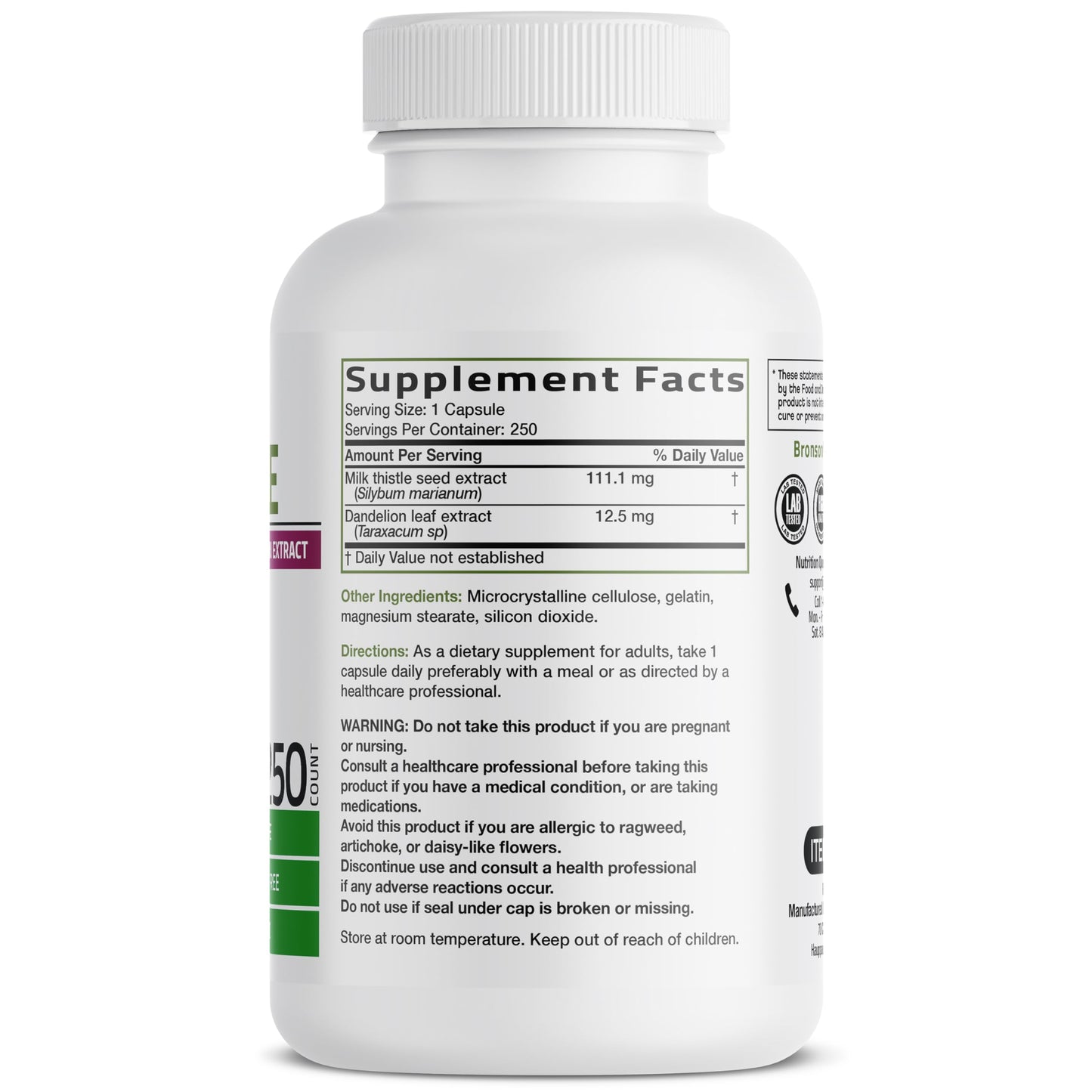 Bronson Milk Thistle Silymarin Marianum & Dandelion Extract Capsules, 250 Capsules