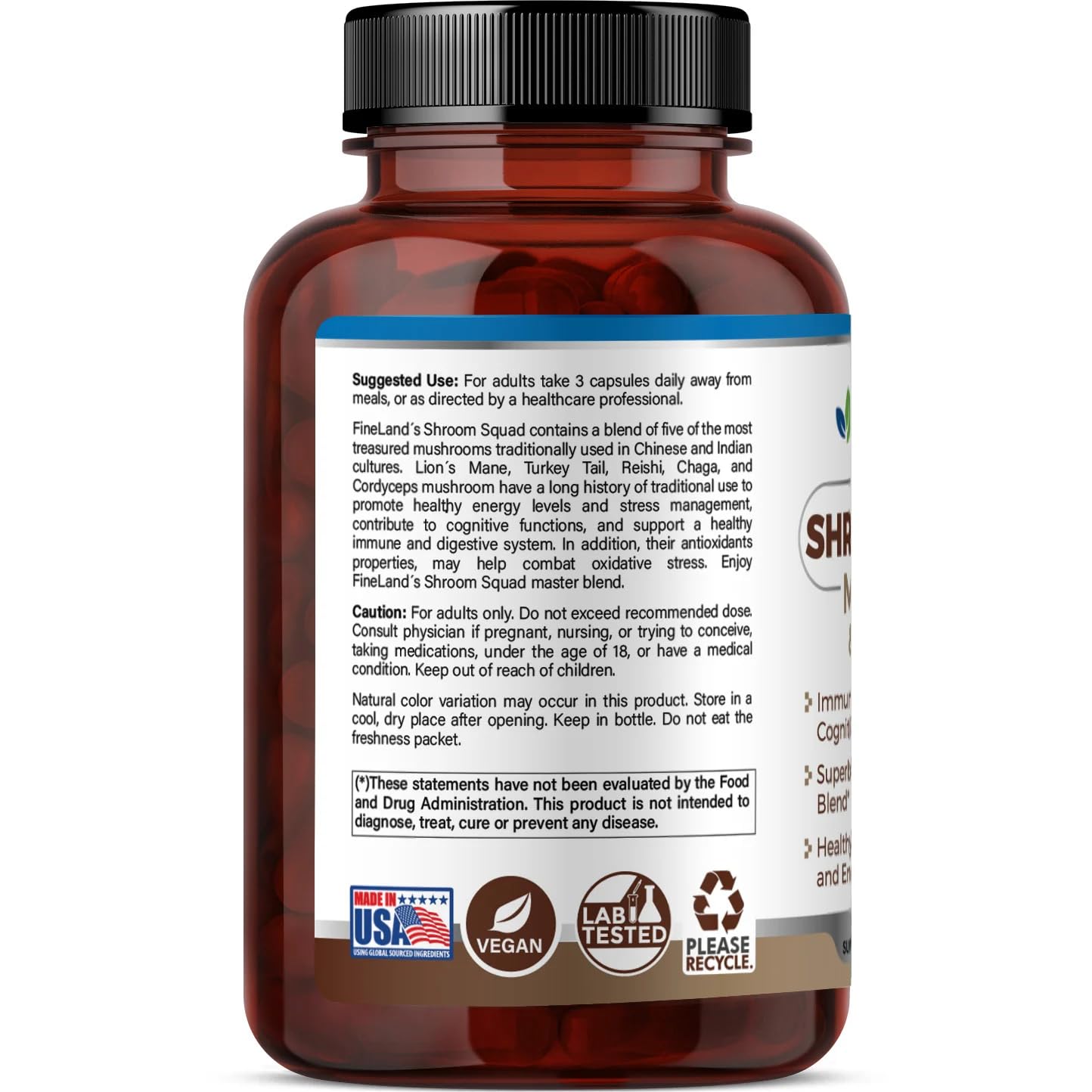 FineLand Shroom Squad 5-Mushroom Master Blend Capsules, 90 Count